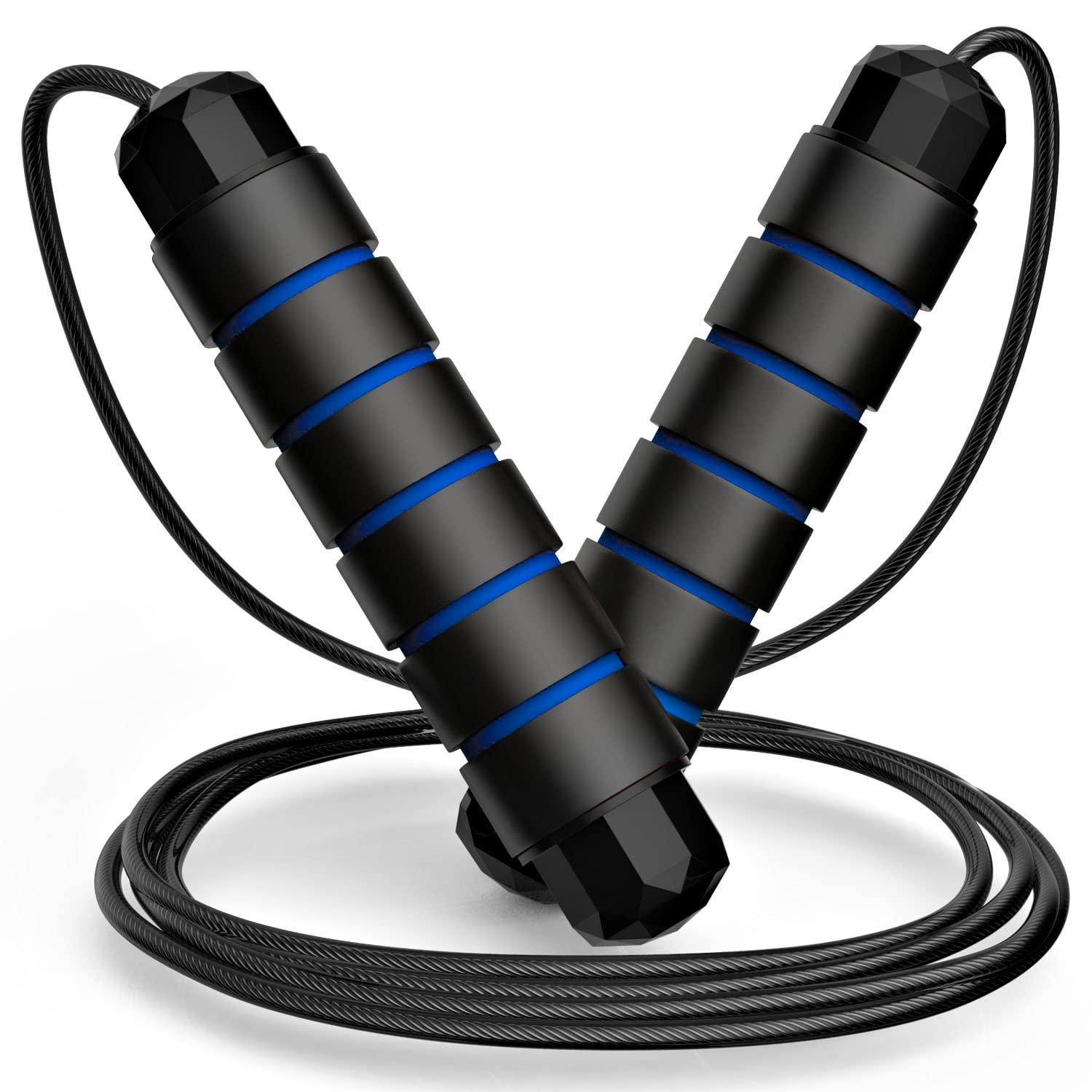 Loocio tangle-free jump rope with blue foam handles and steel cable