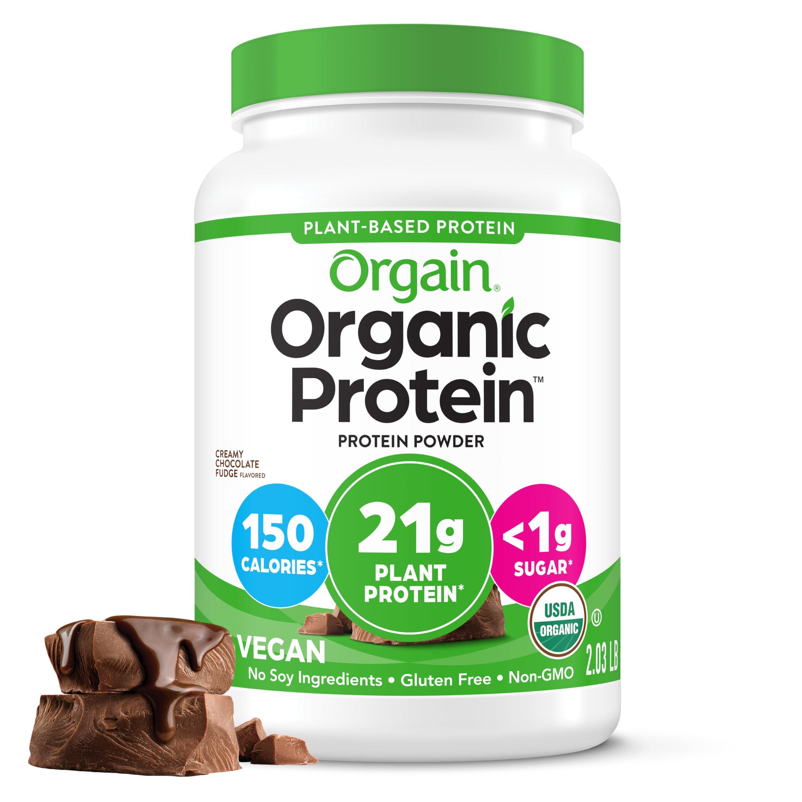 Orgain Organic Vegan Protein Powder, Creamy Chocolate Fudge tub on a kitchen counter