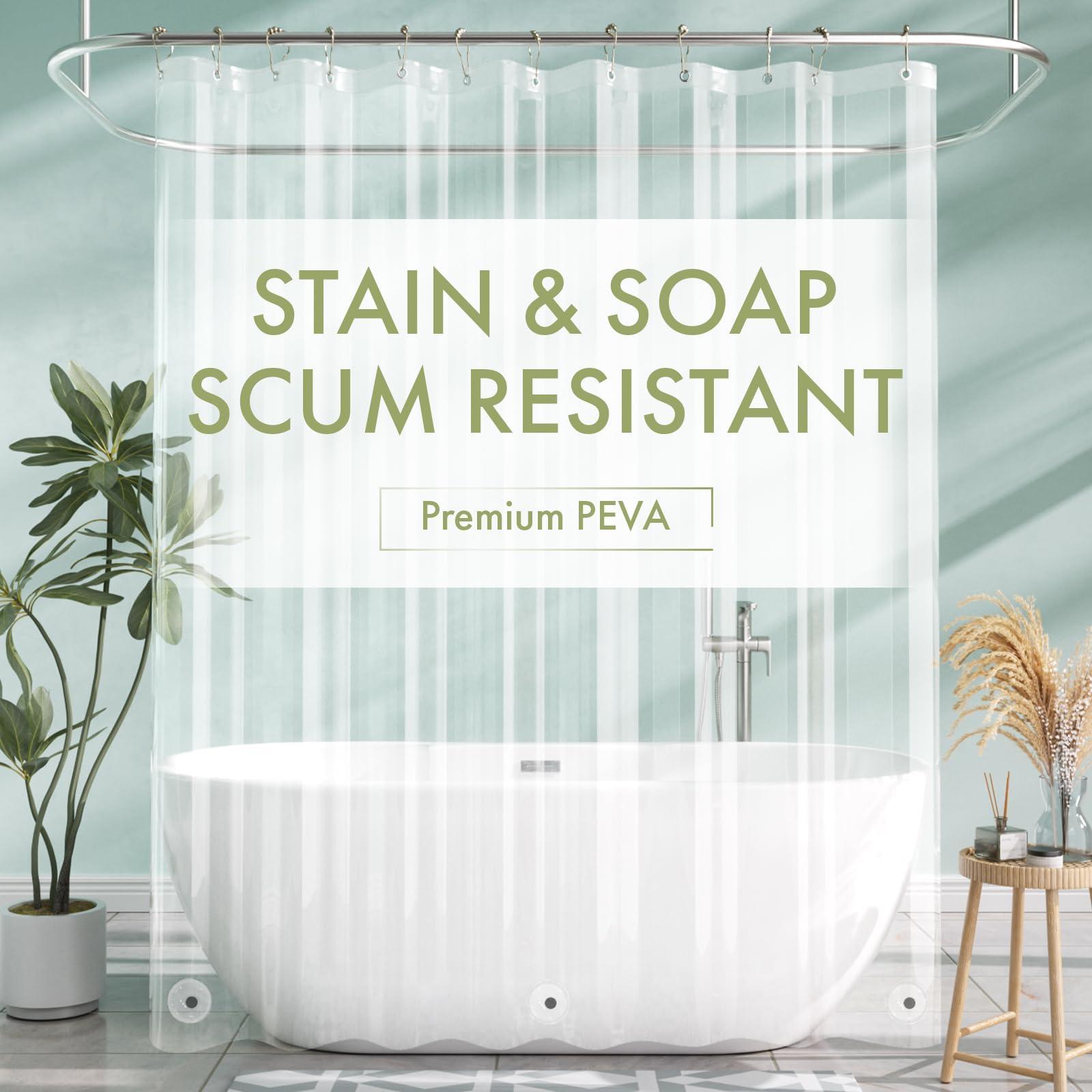 AmazerBath Extra Long Shower Curtain Liner in clear, hanging in a bathroom