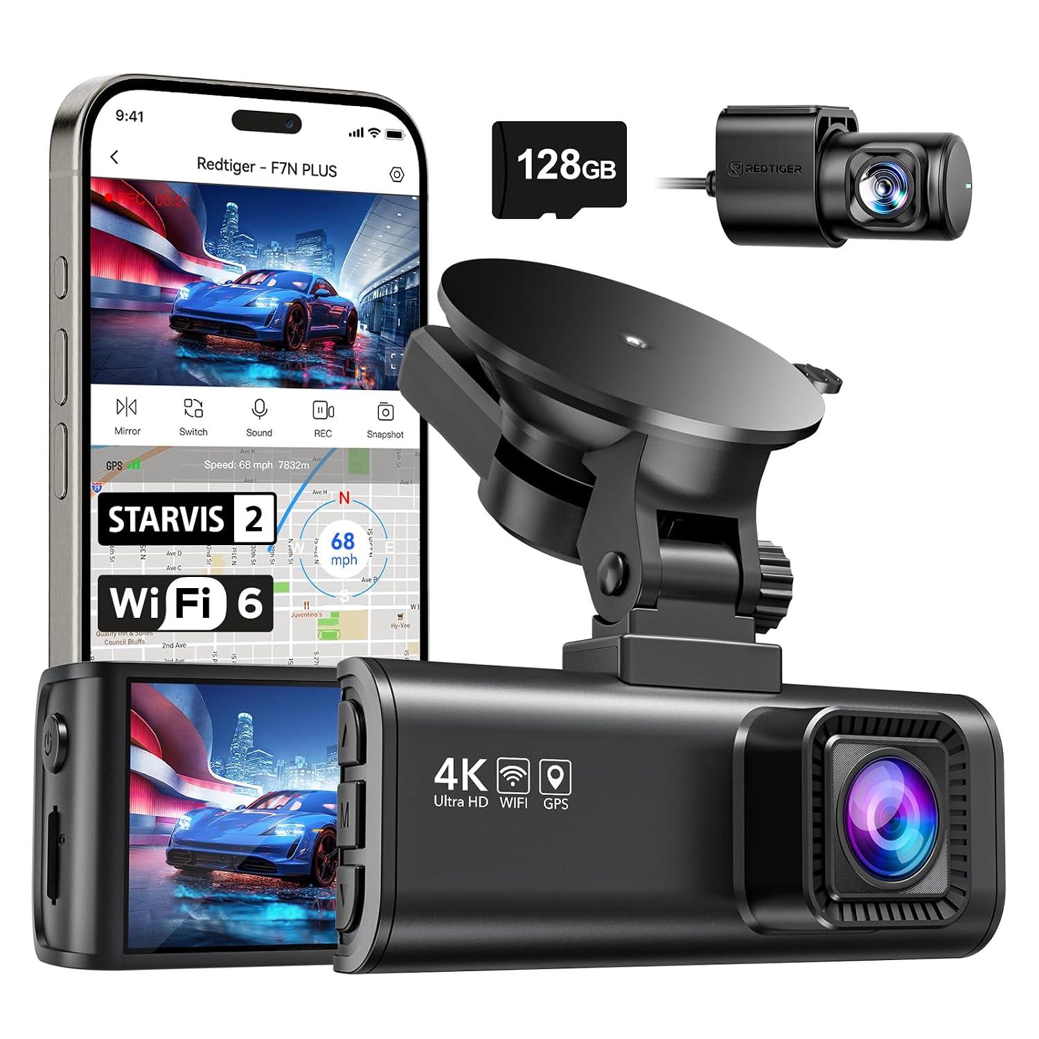 REDTIGER F7NP 4K dual dash cam front and rear mounted on windshield