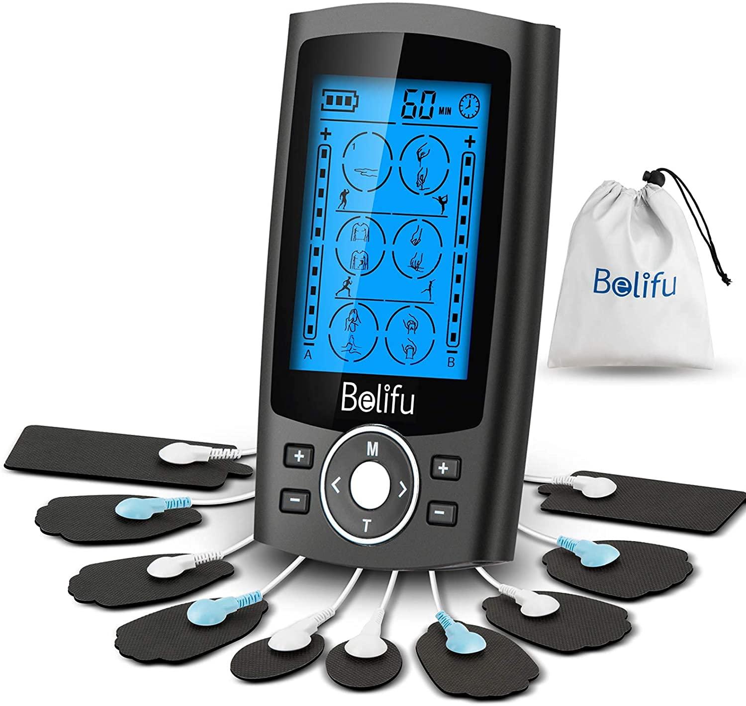 Belifu Dual Channel TENS EMS Unit with accessories on a white background