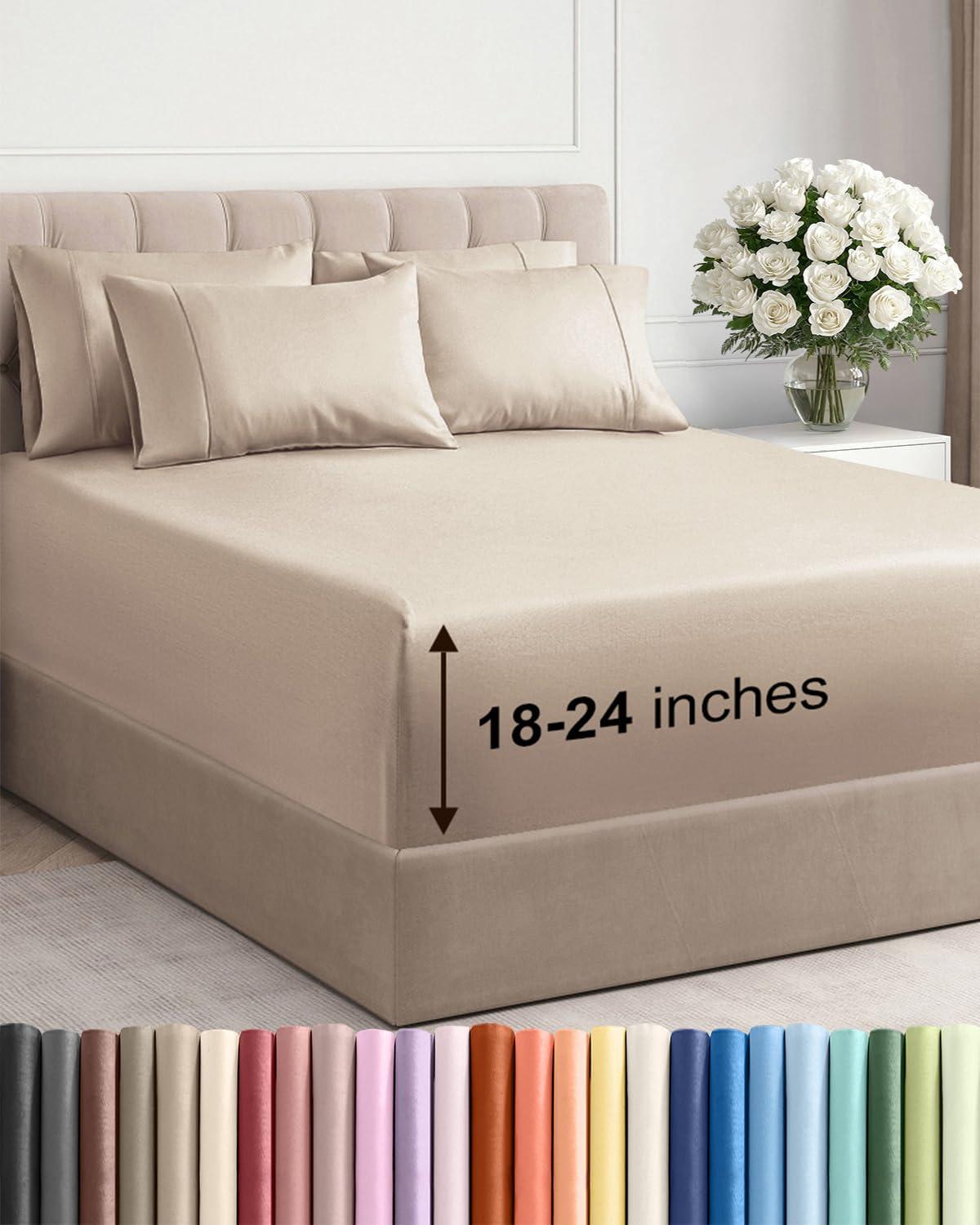 CGK Unlimited Extra Deep Queen Sheet Set in wheat color on a bed