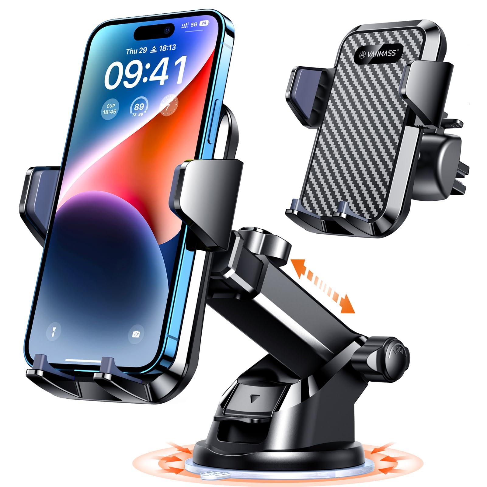 VANMASS car phone mount with strong suction cup and vent clip on dashboard