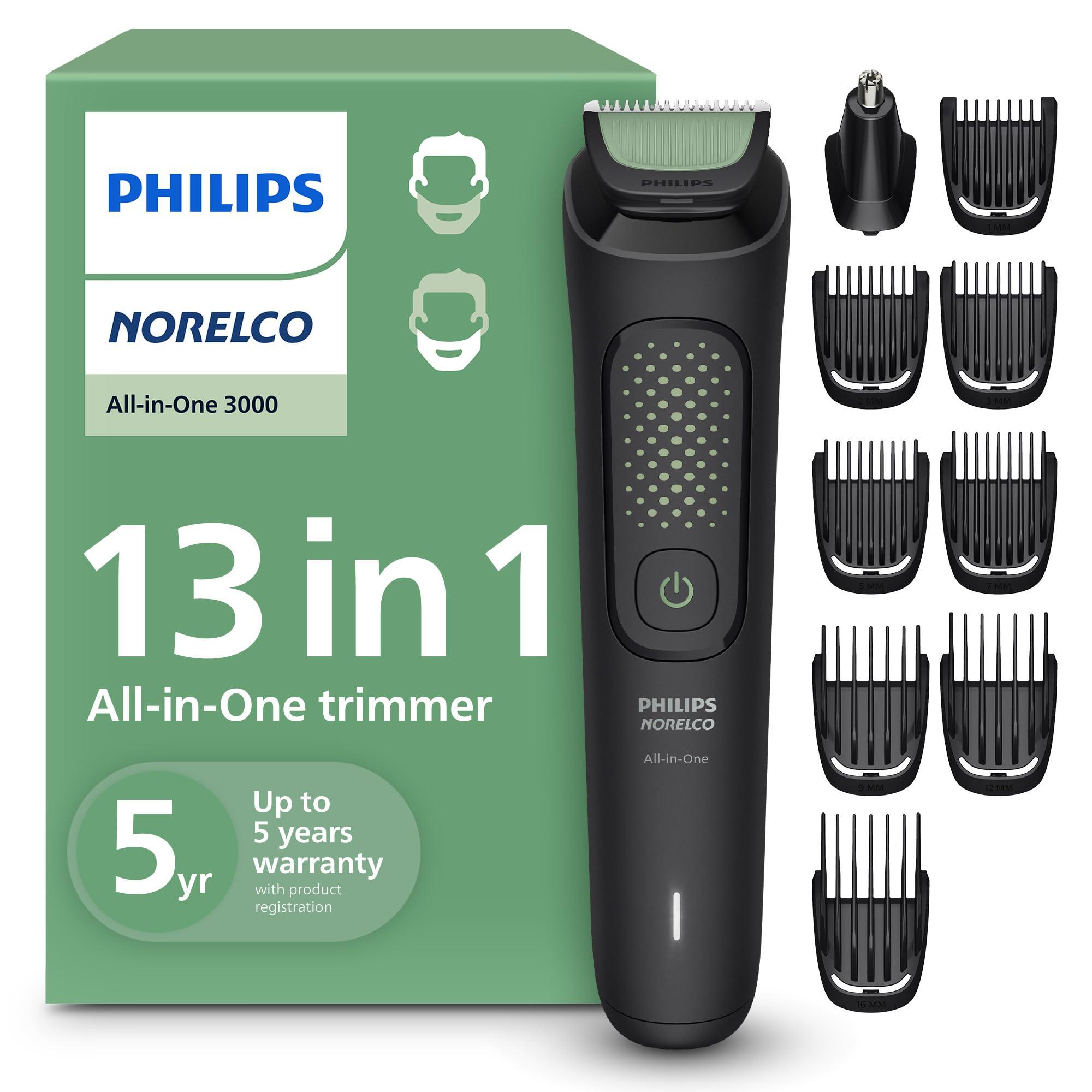 Philips Norelco All-in-One 3000 Series trimmer with attachments displayed on a white background