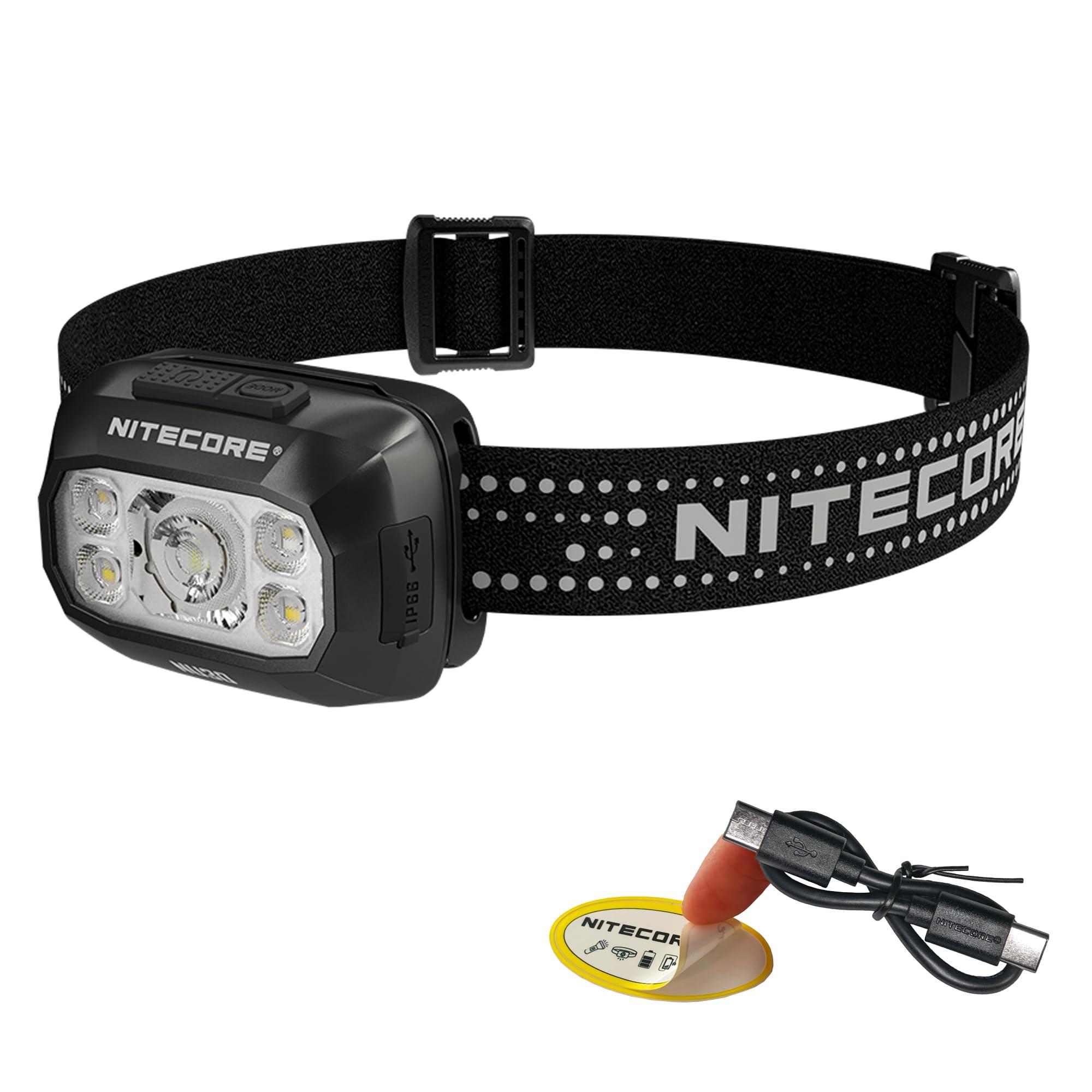 Nitecore NU30 500 Lumen LED rechargeable headlamp with white and red beams, worn on a head