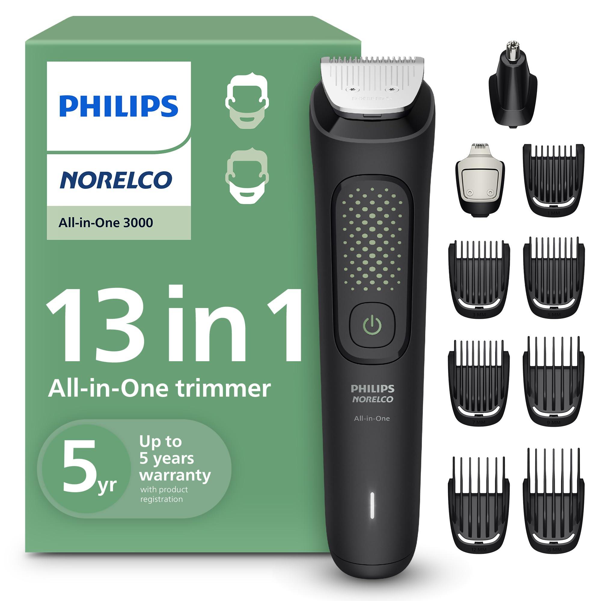 Philips Norelco All-in-One 3000 Series trimmer with attachments displayed on a white background