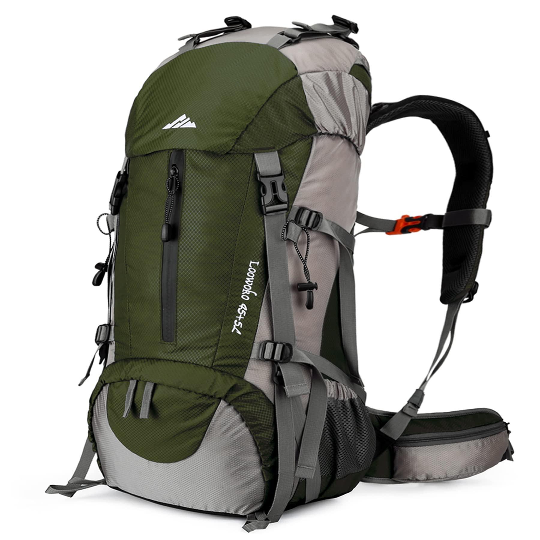 Loowoko 50L Hiking Backpack with rain cover on a trail