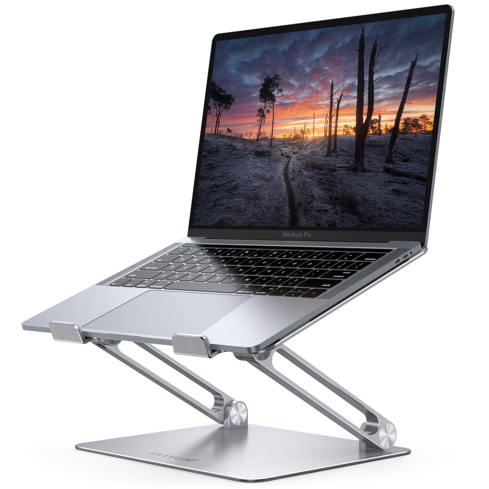 Lamicall Adjustable Laptop Stand in silver, supporting a MacBook
