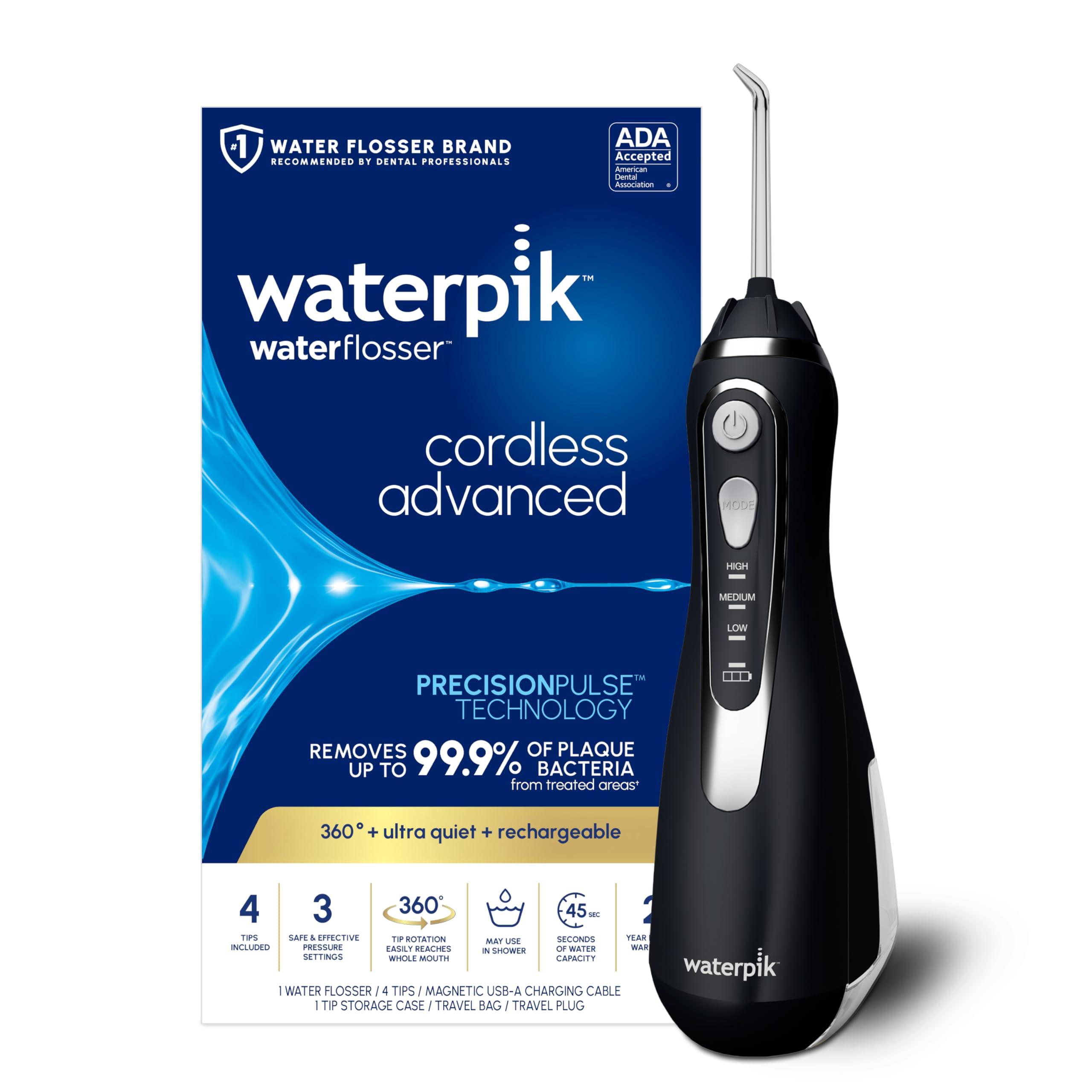 Waterpik Cordless Advanced 2.0 Water Flosser in black, upright on a bathroom counter