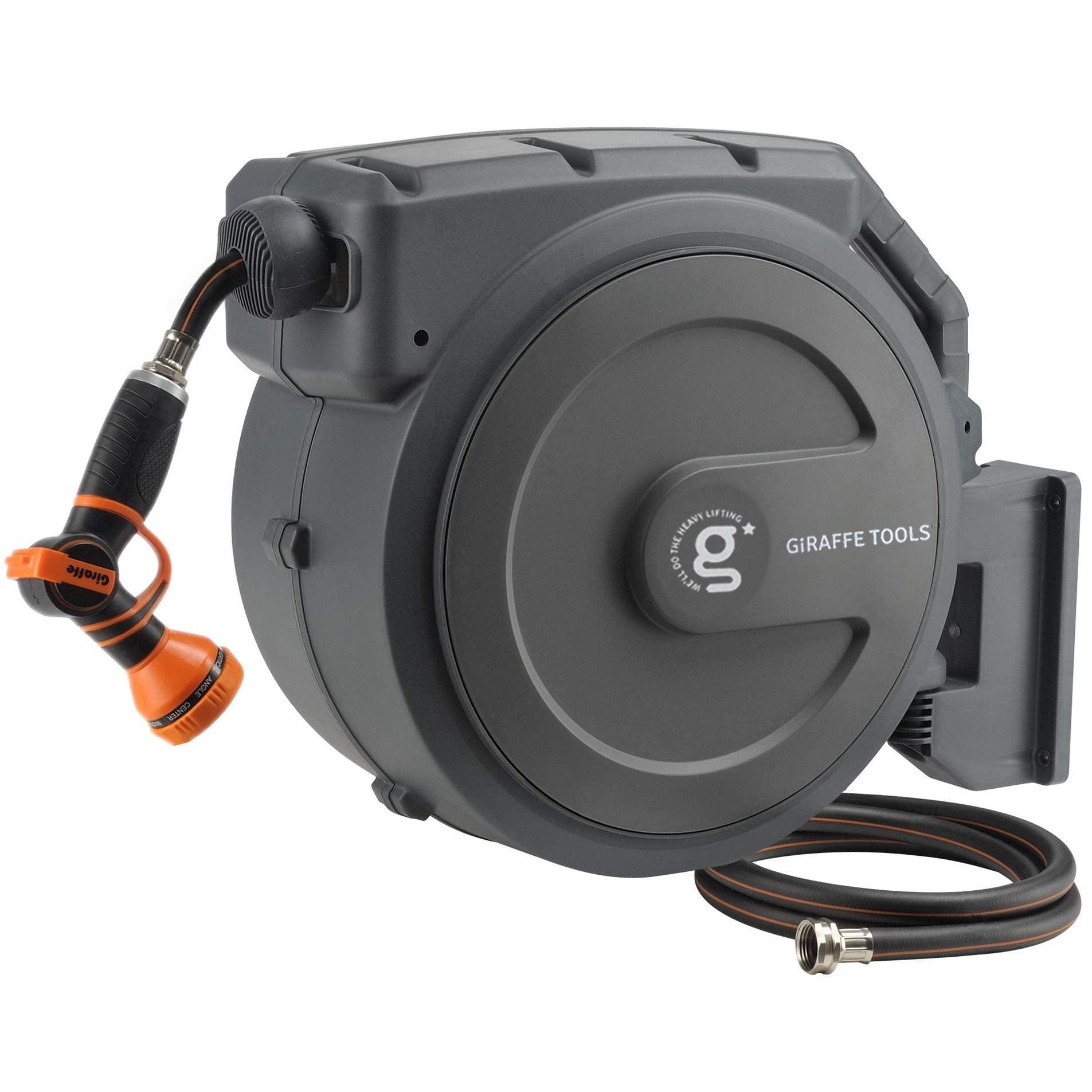 Giraffe Tools Retractable Garden Hose Reel wall mounted with hose and nozzle