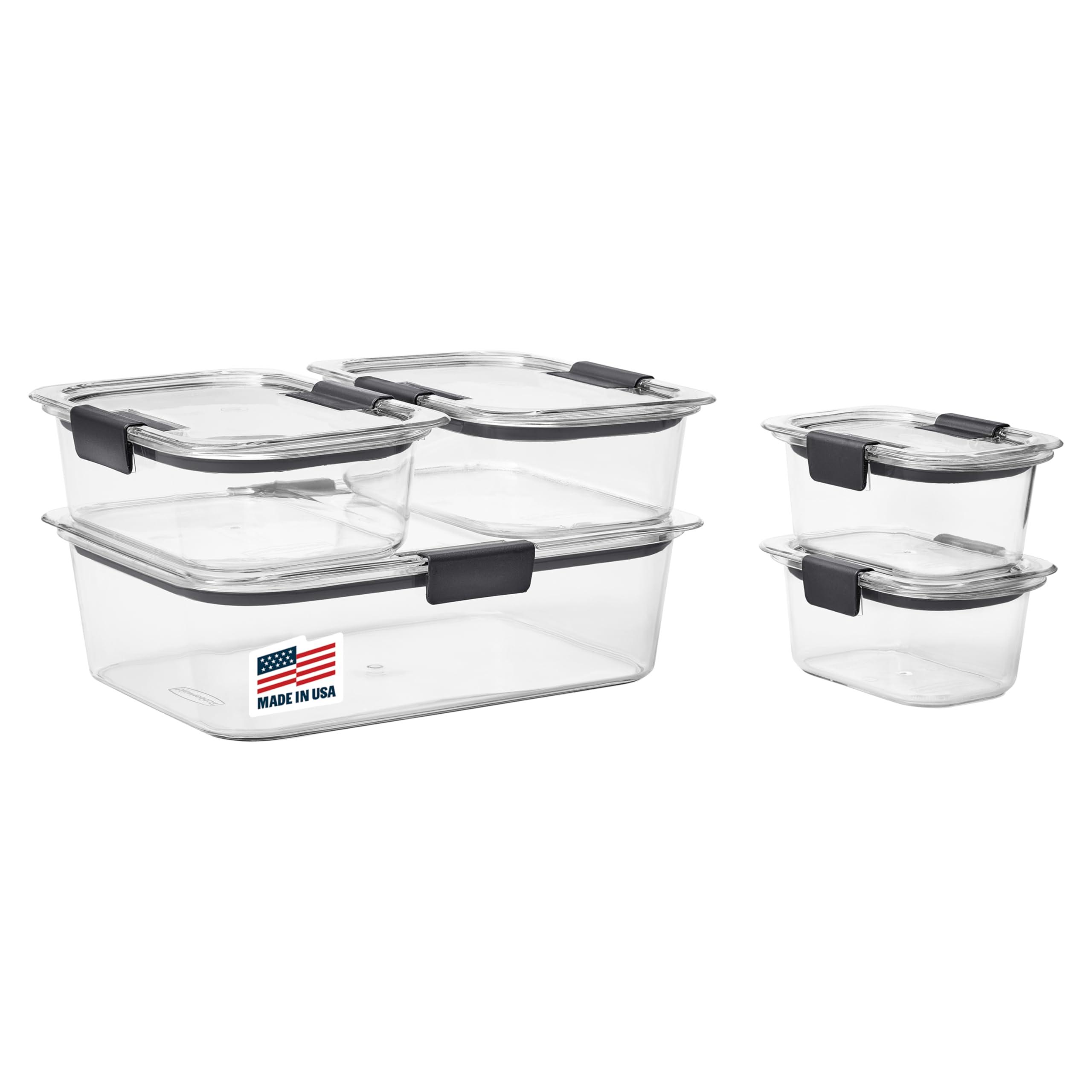Rubbermaid Brilliance 10-piece set with clear containers and blue latches, stacked