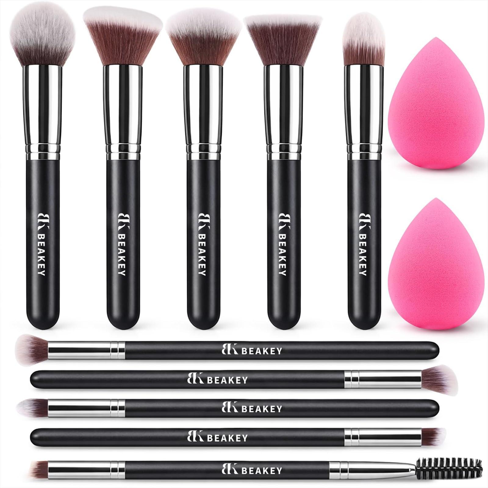 BEAKEY Makeup Brushes Set with pink handles and two blending sponges