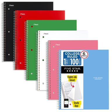 Five Star Spiral Notebook + Study App, 6 Pack