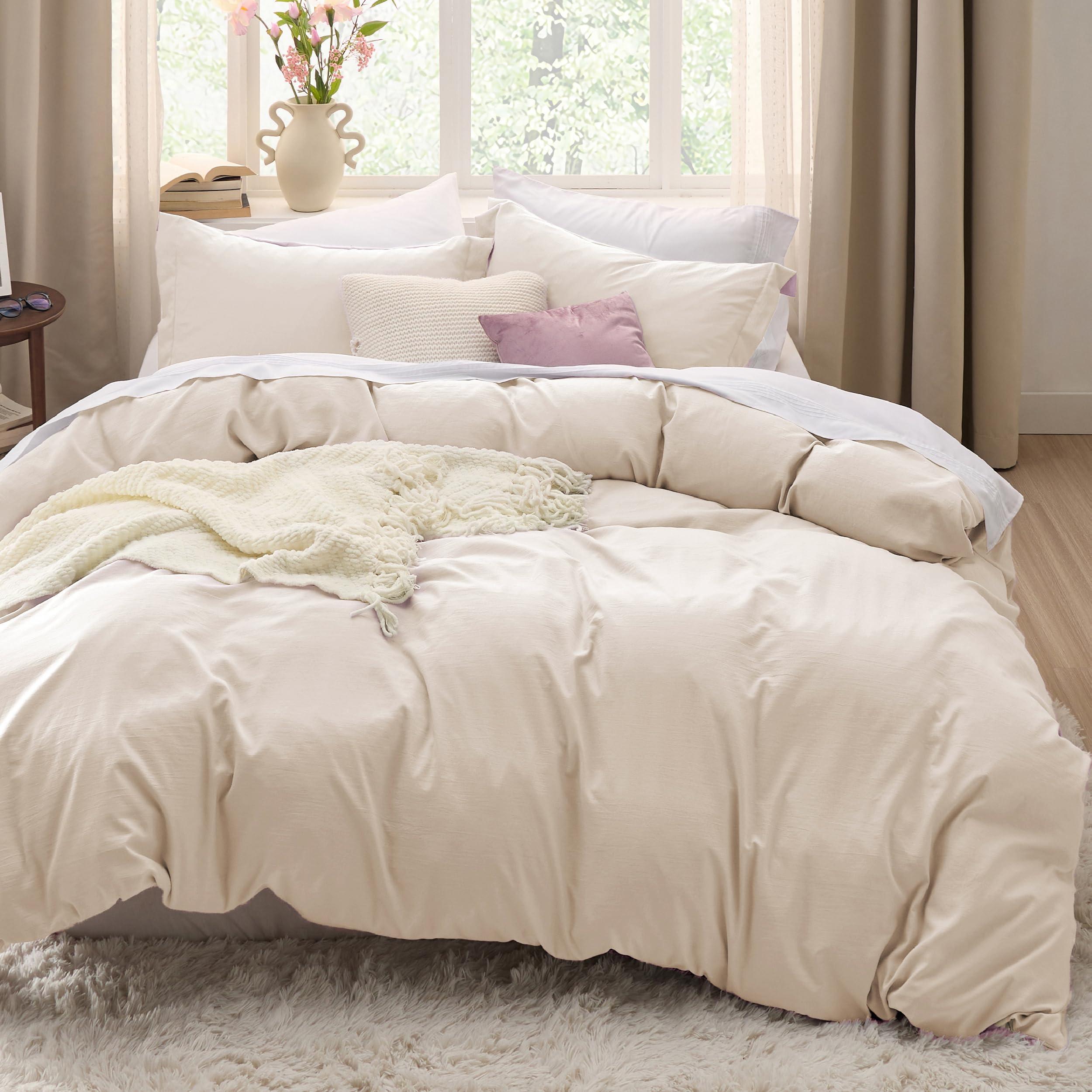 Bedsure Cream Duvet Cover Queen Size with zipper closure and pillow shams on a bed