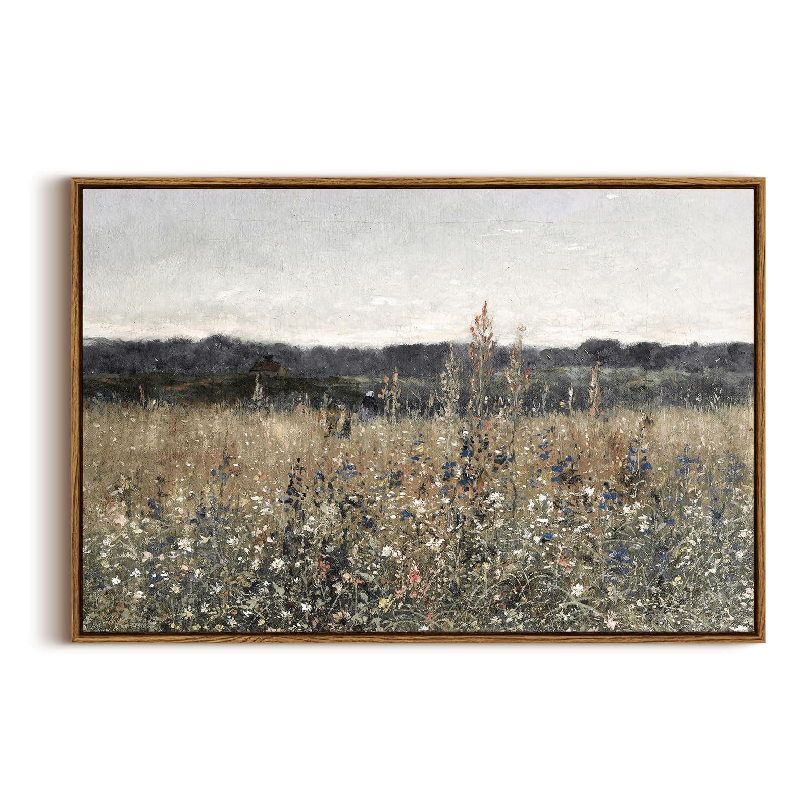 InSimSea Framed Canvas Wall Art Vintage Decor Meadow with Flowers Landscape