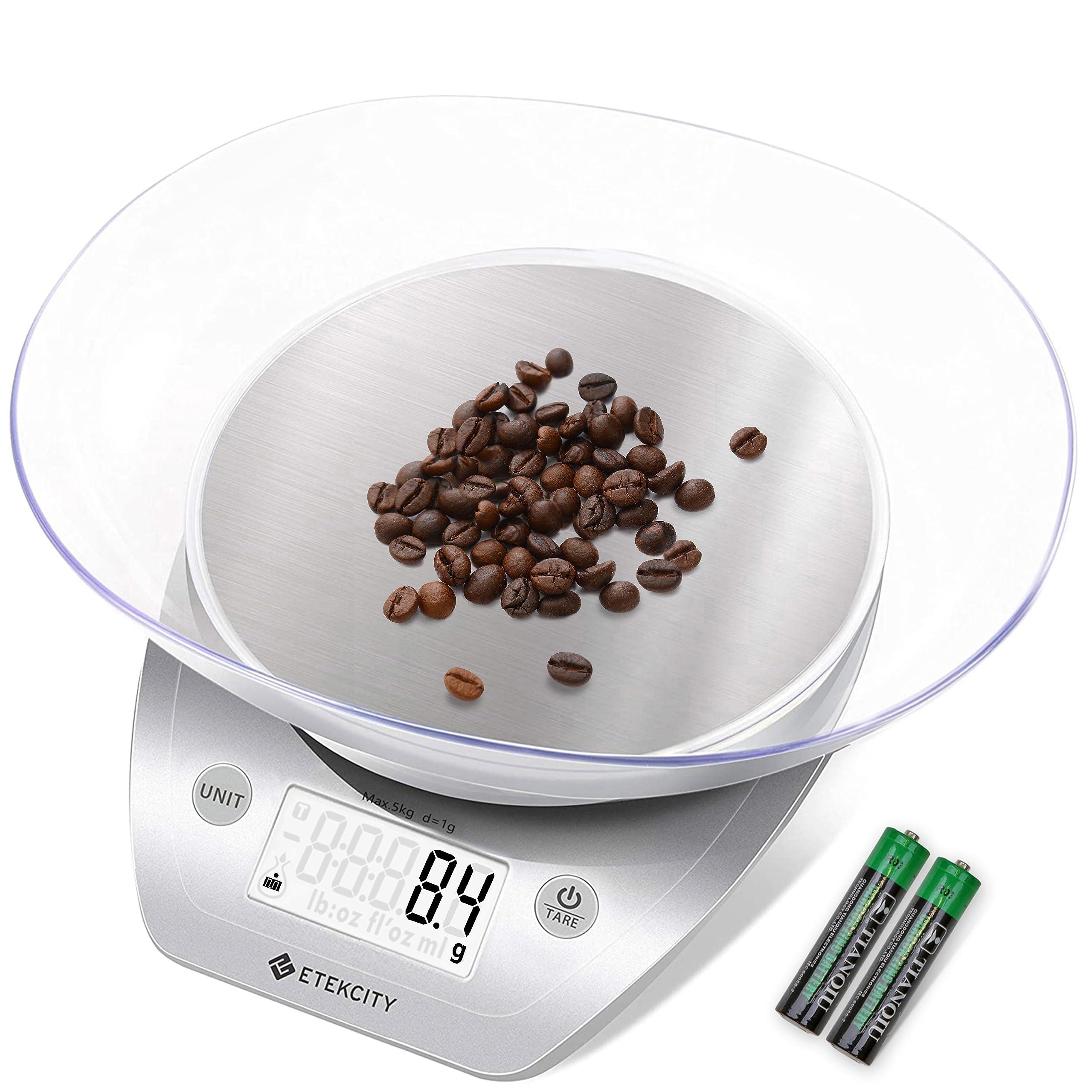Etekcity 0.1g Food Kitchen Scale with detachable plastic bowl, stainless steel platform, and backlit LCD display