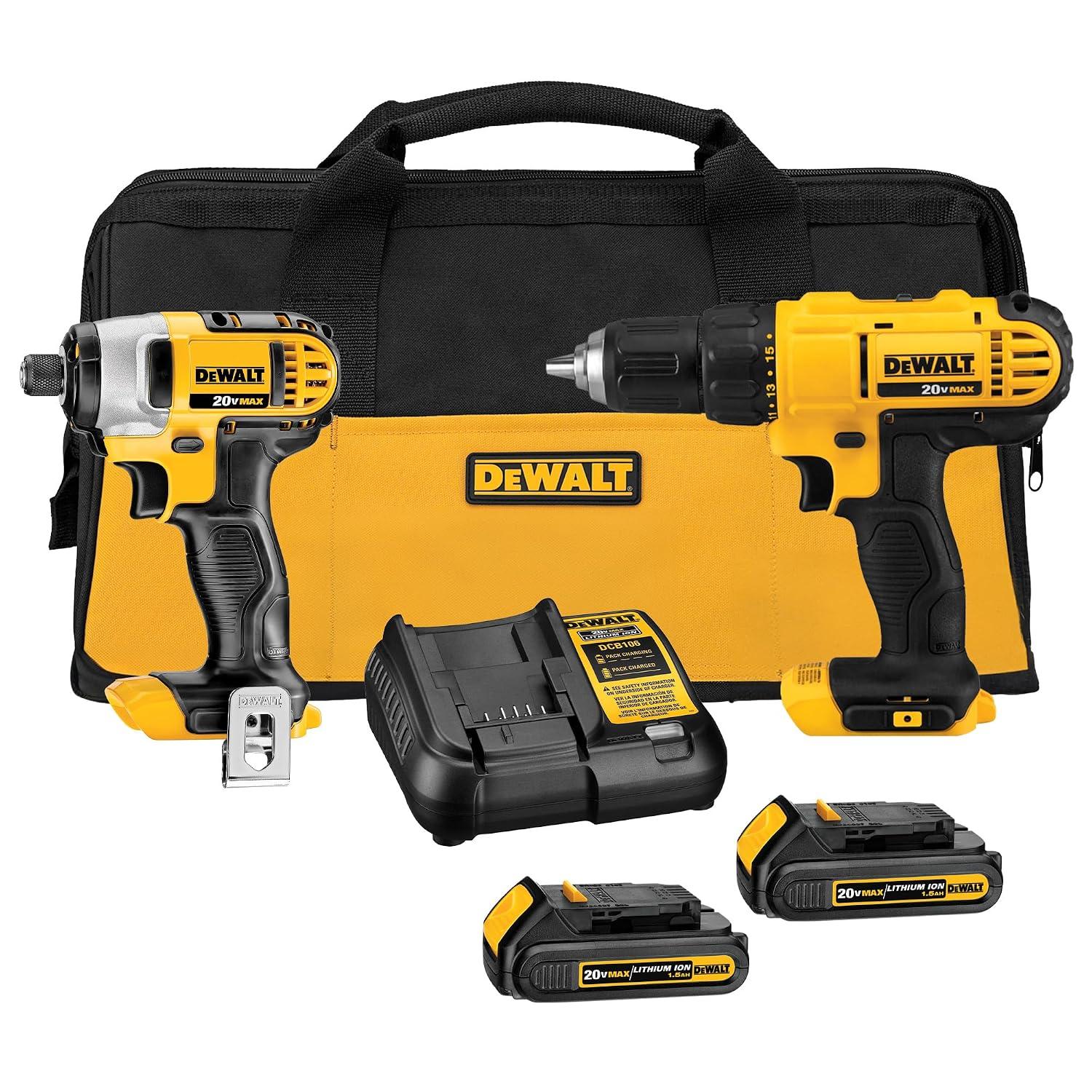 DEWALT 20V MAX cordless drill and impact driver combo kit with batteries and bag