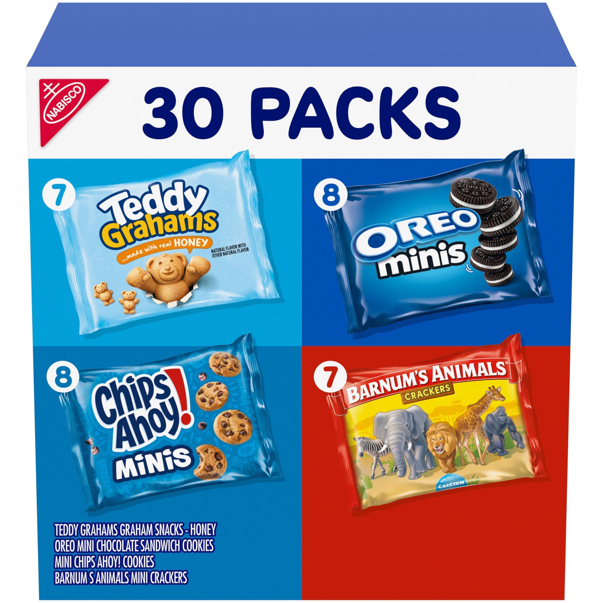 Nabisco Team Favorites snack packs showing OREO Minis, CHIPS AHOY! Minis, TEDDY GRAHAMS, and BARNUM'S Animal Crackers