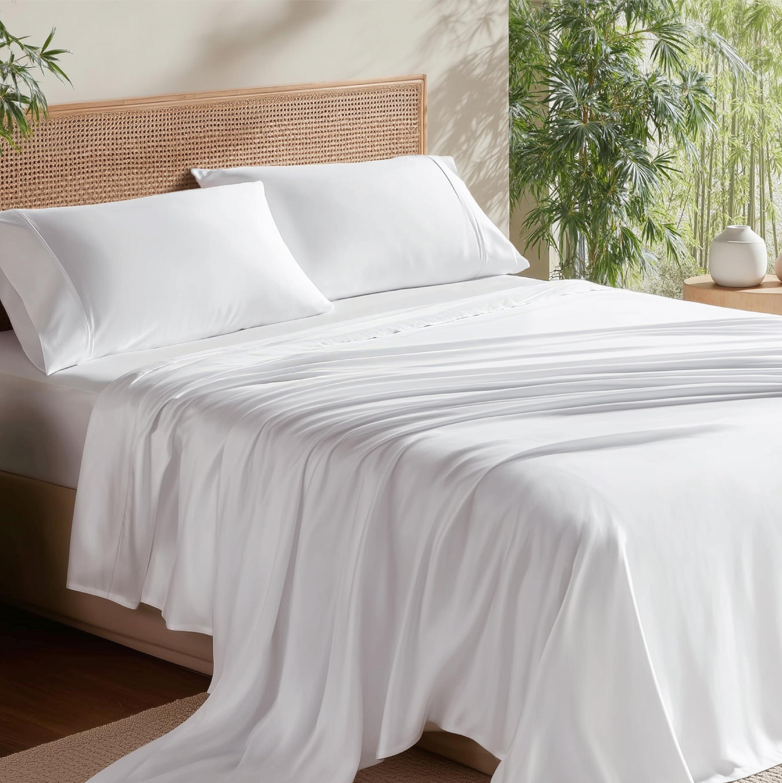 Bedsure Queen Sheet Set in white, made from bamboo rayon, with envelope-closure pillowcase