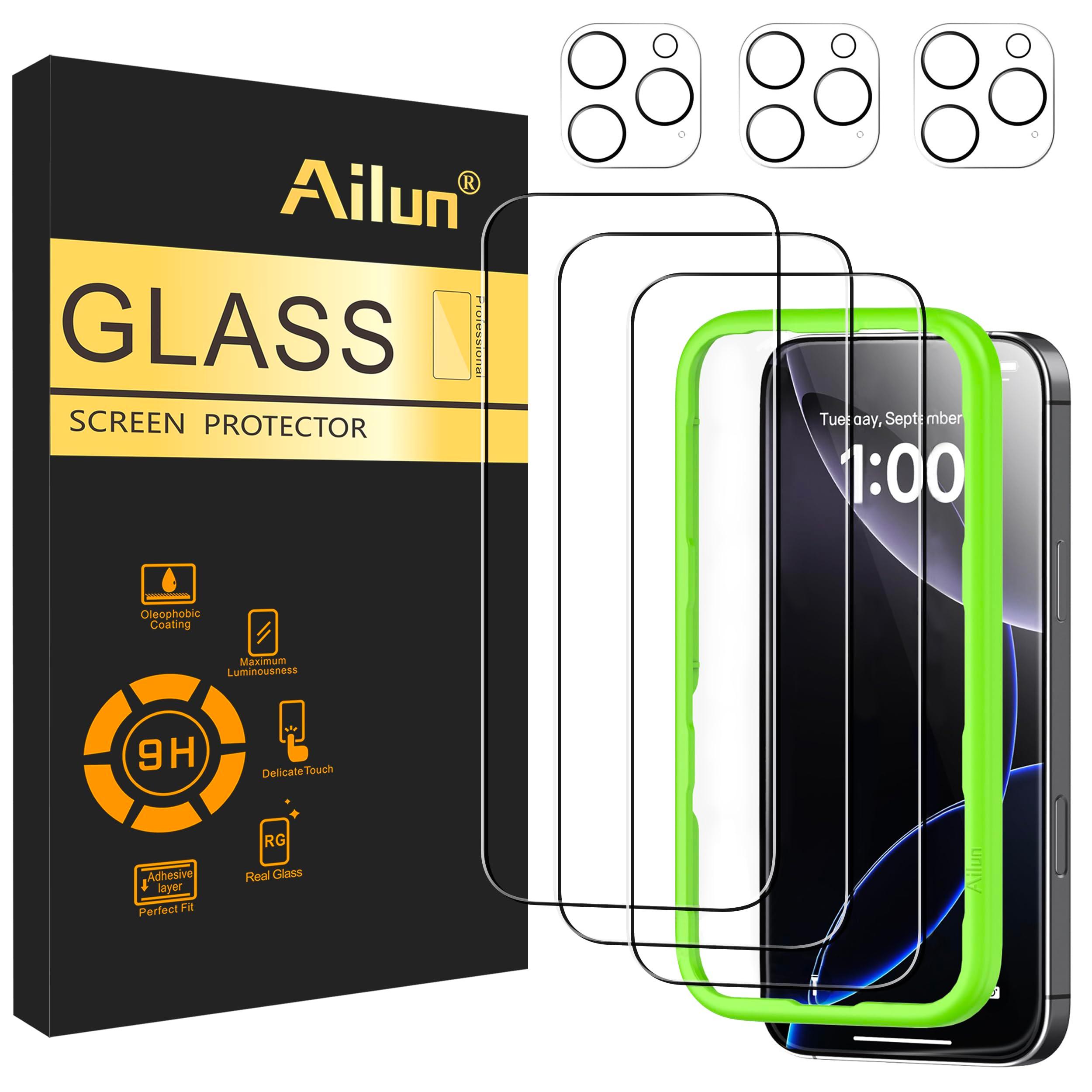 Ailun 3-pack screen protector for iPhone 16 Pro with installation frame