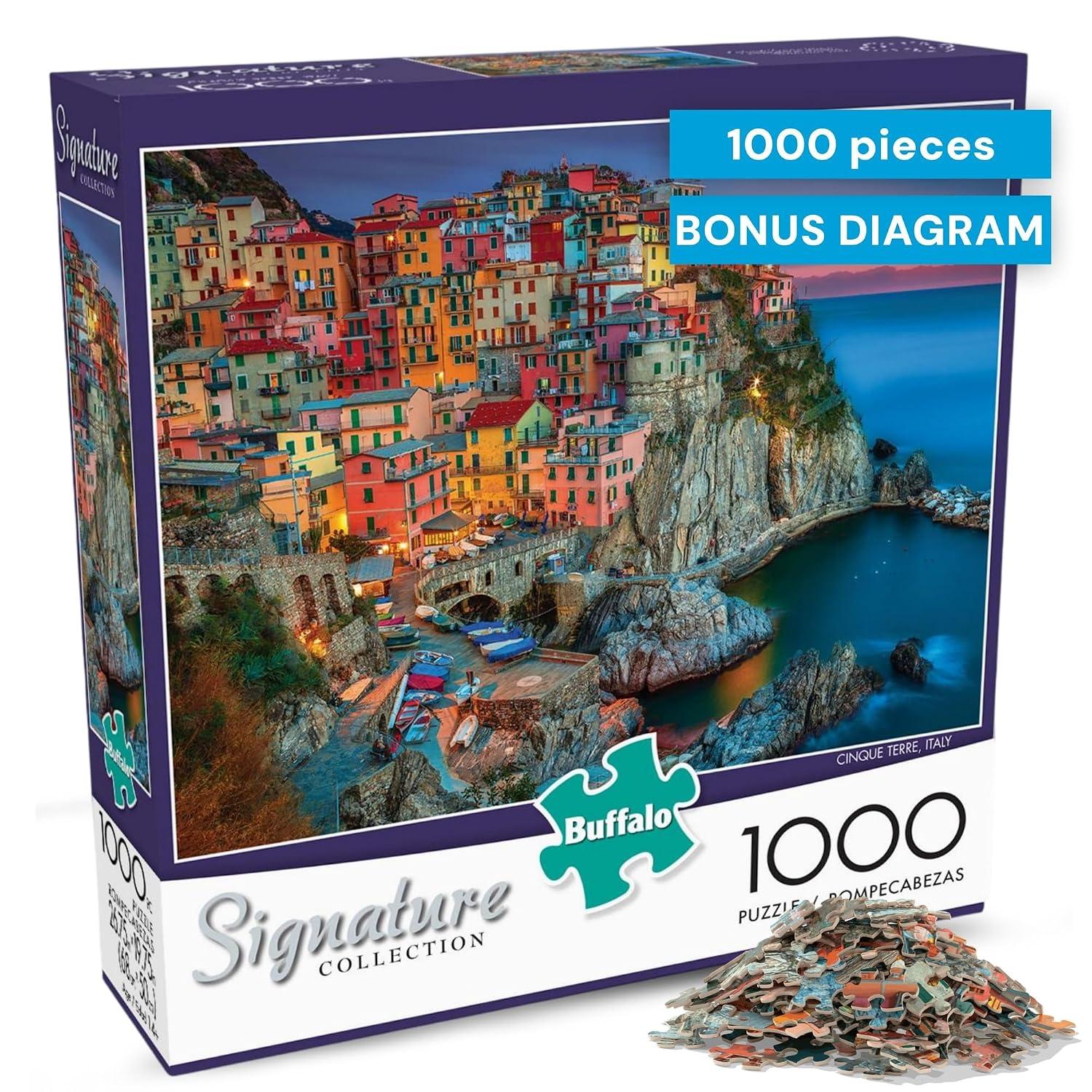 Buffalo Games Cinque Terre 1000-piece jigsaw puzzle showing Italy coastal scene with included reference poster