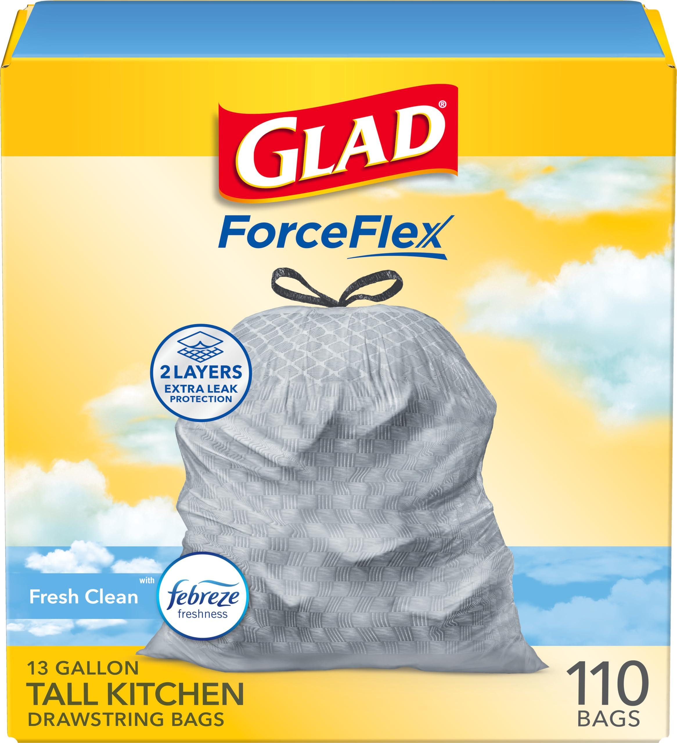 Glad ForceFlex Trash Bags box with Febreze Fresh Clean scent