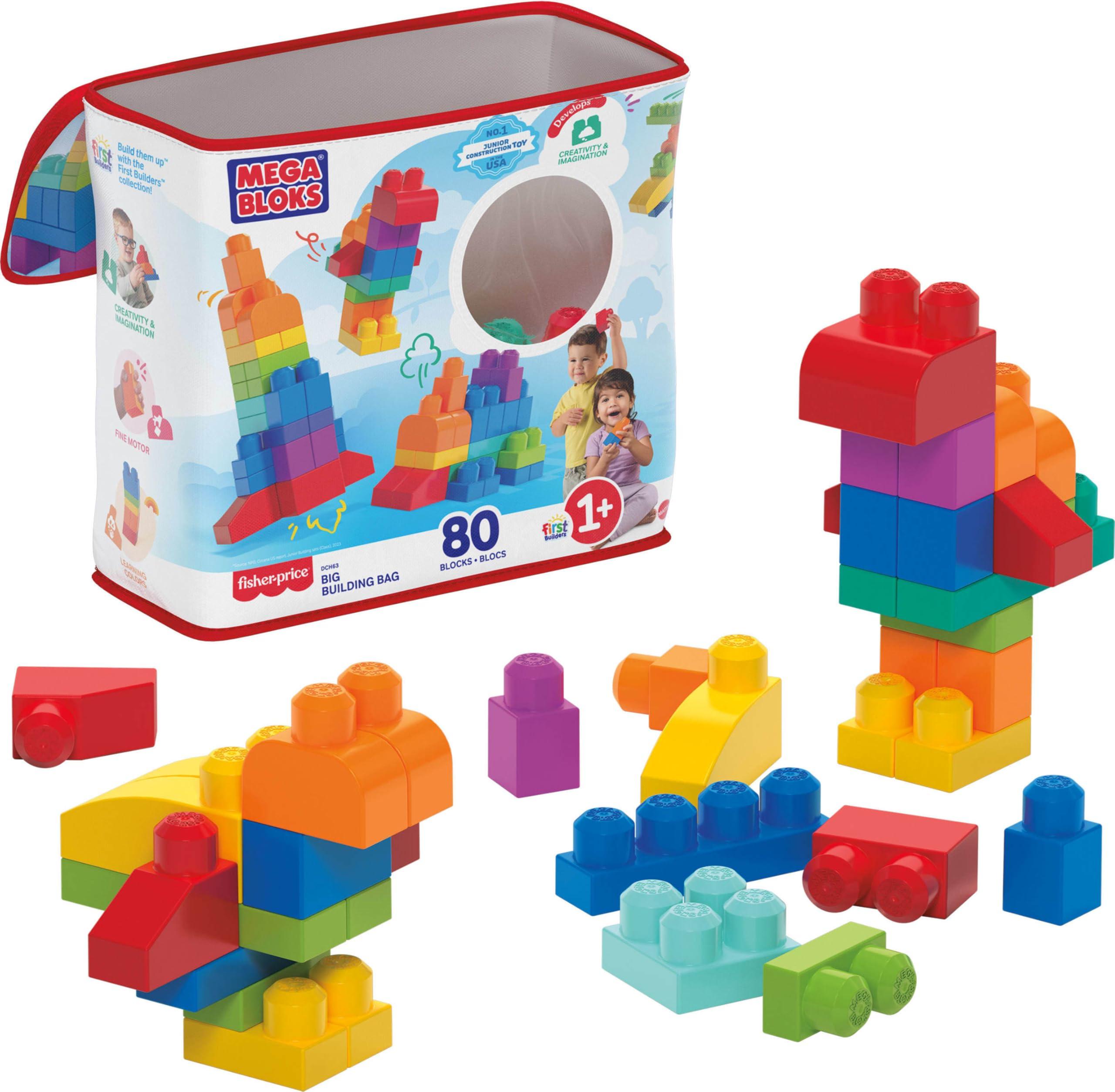 MEGA BLOKS First Builders toddler blocks set in blue storage bag with 80 colorful pieces