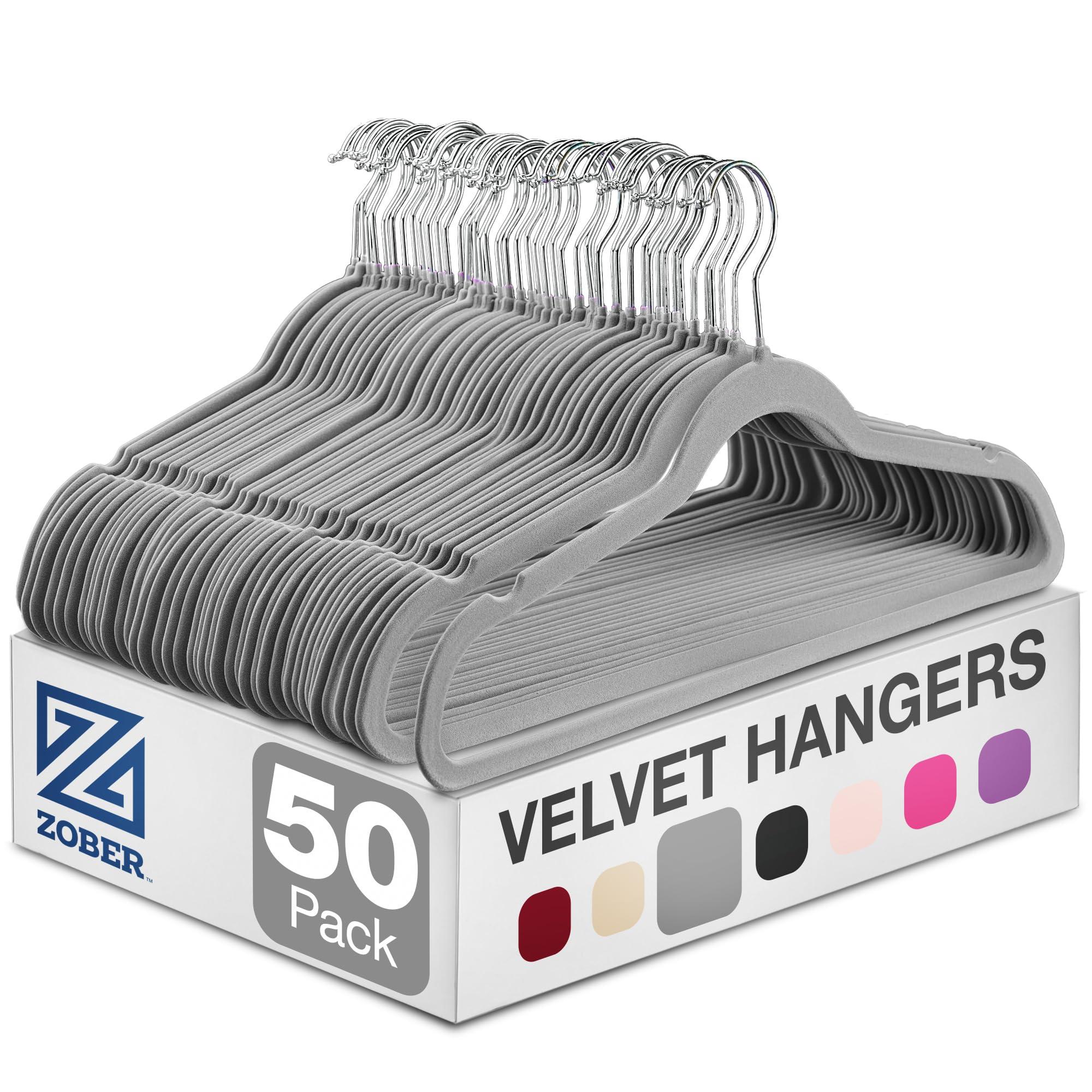 Zober Velvet Hangers 50-Pack Gray on a closet rod