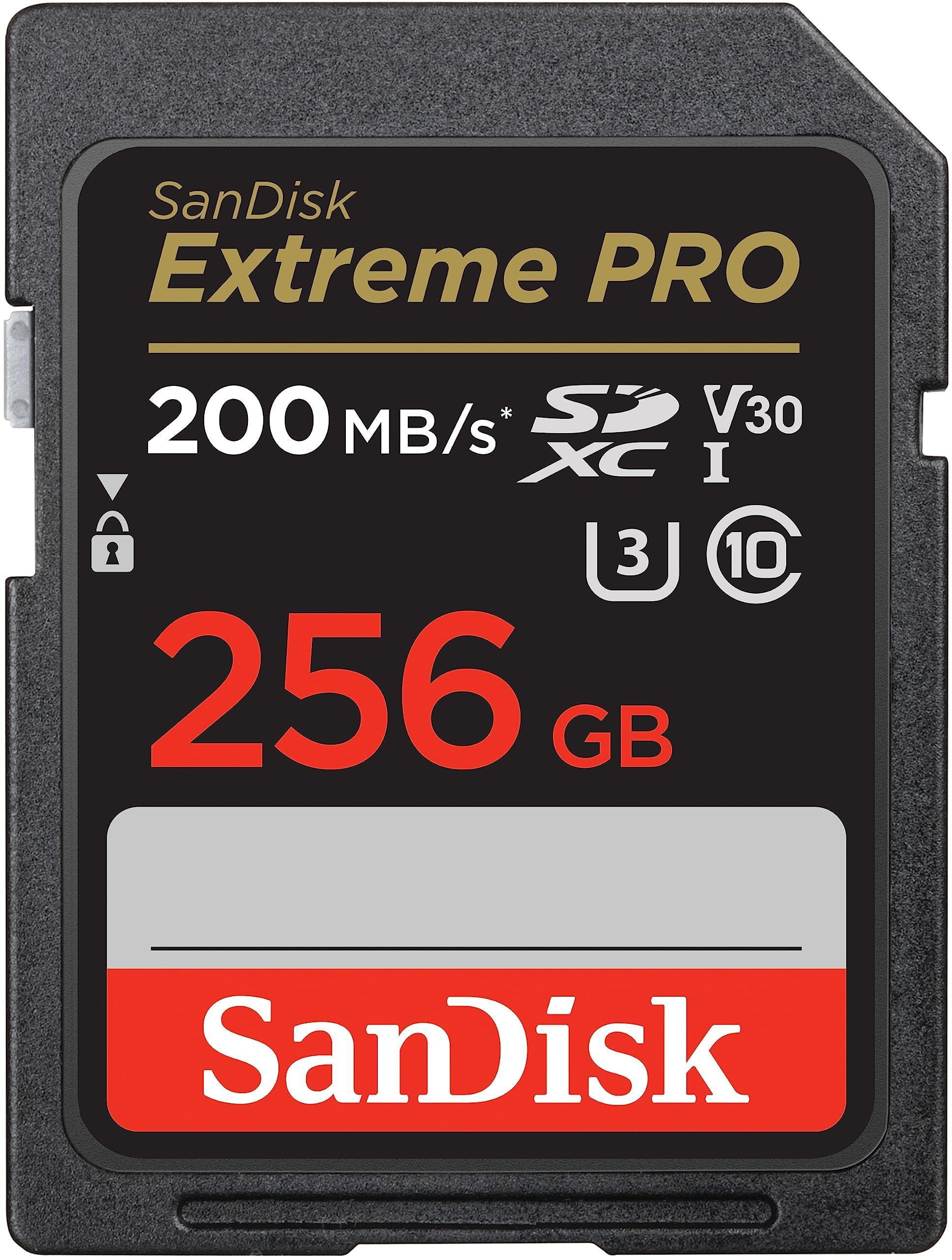 SanDisk 256GB Extreme PRO SDXC UHS-I memory card in black and dark gray with gold label