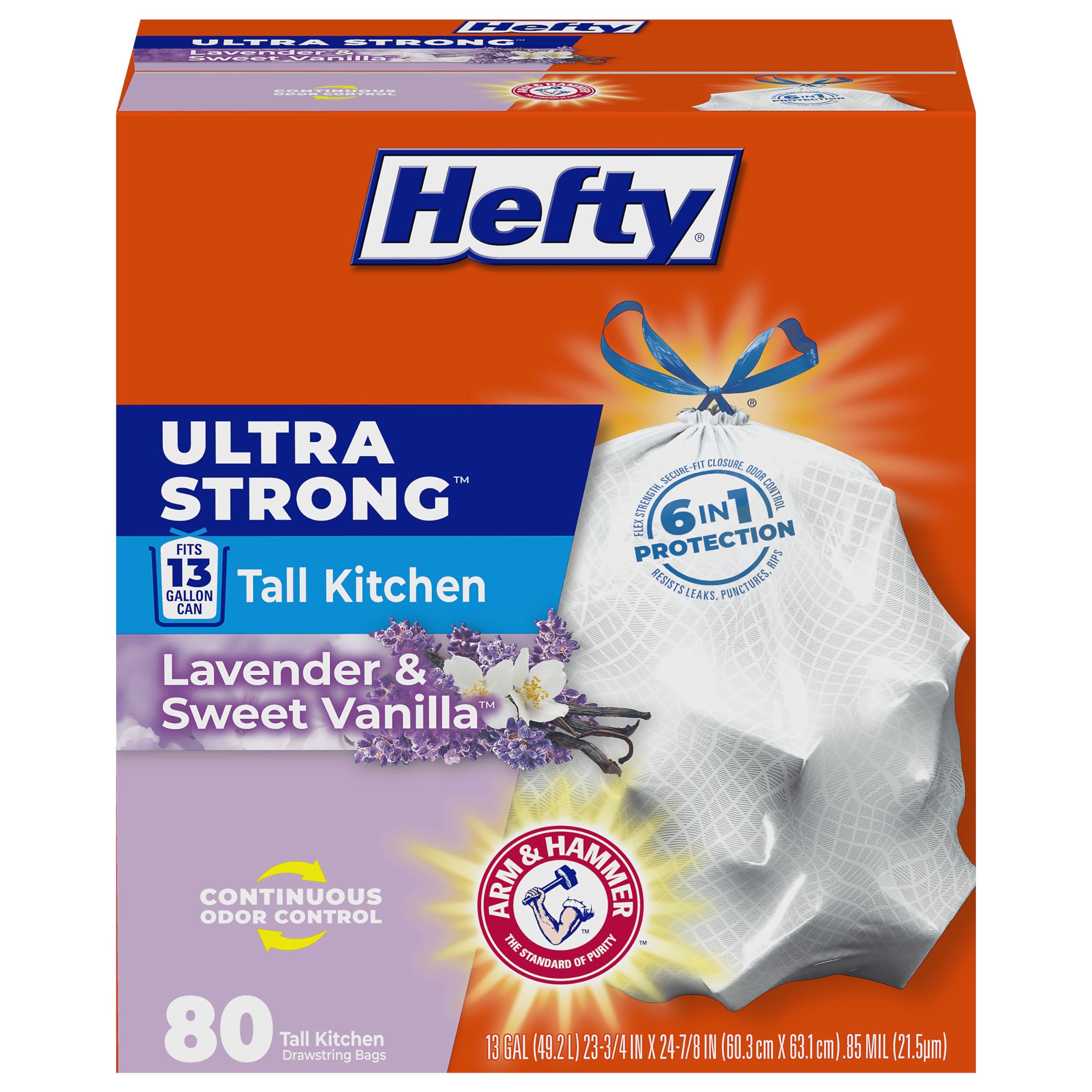 Hefty Ultra Strong 13 Gallon Trash Bags with drawstring closure, lavender and sweet vanilla scent