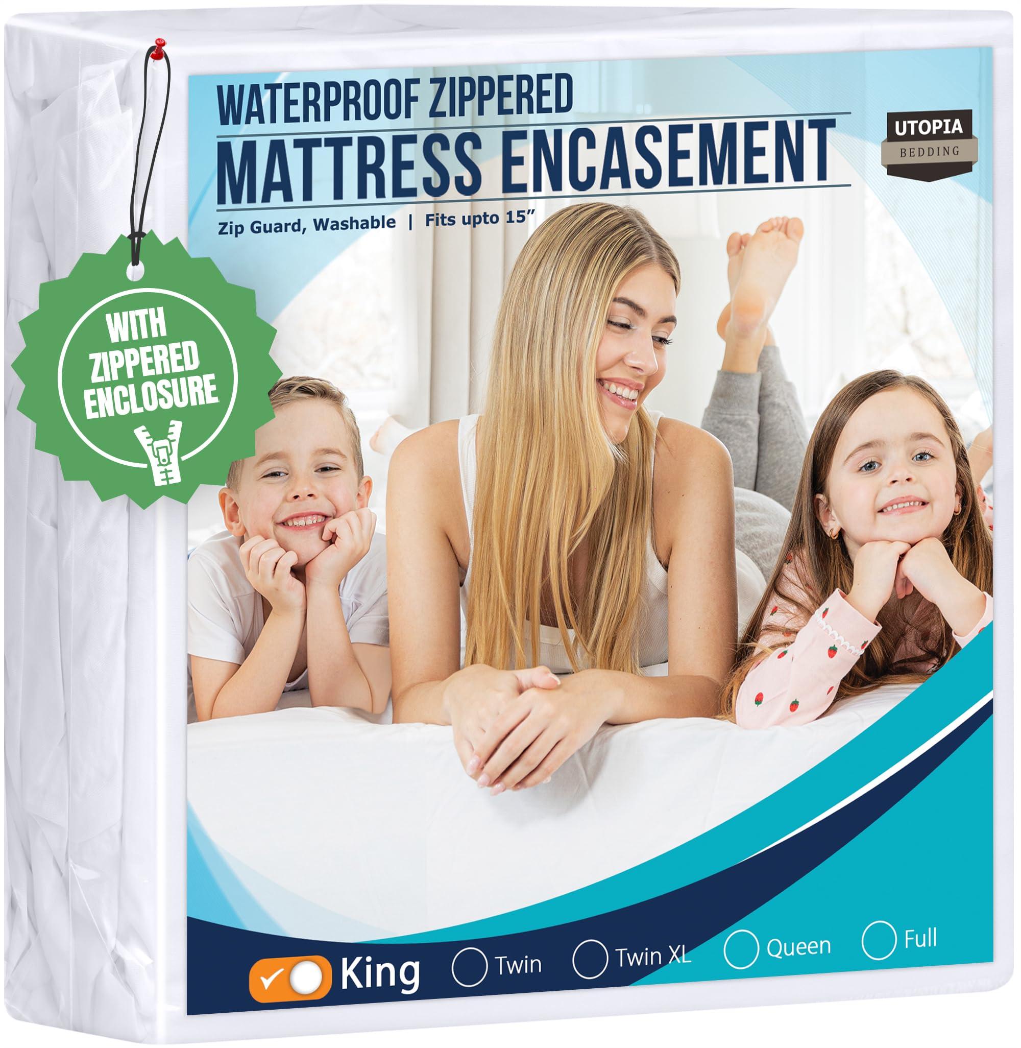 Utopia Bedding King Size Mattress Protector Zippered, white encasement on a bed