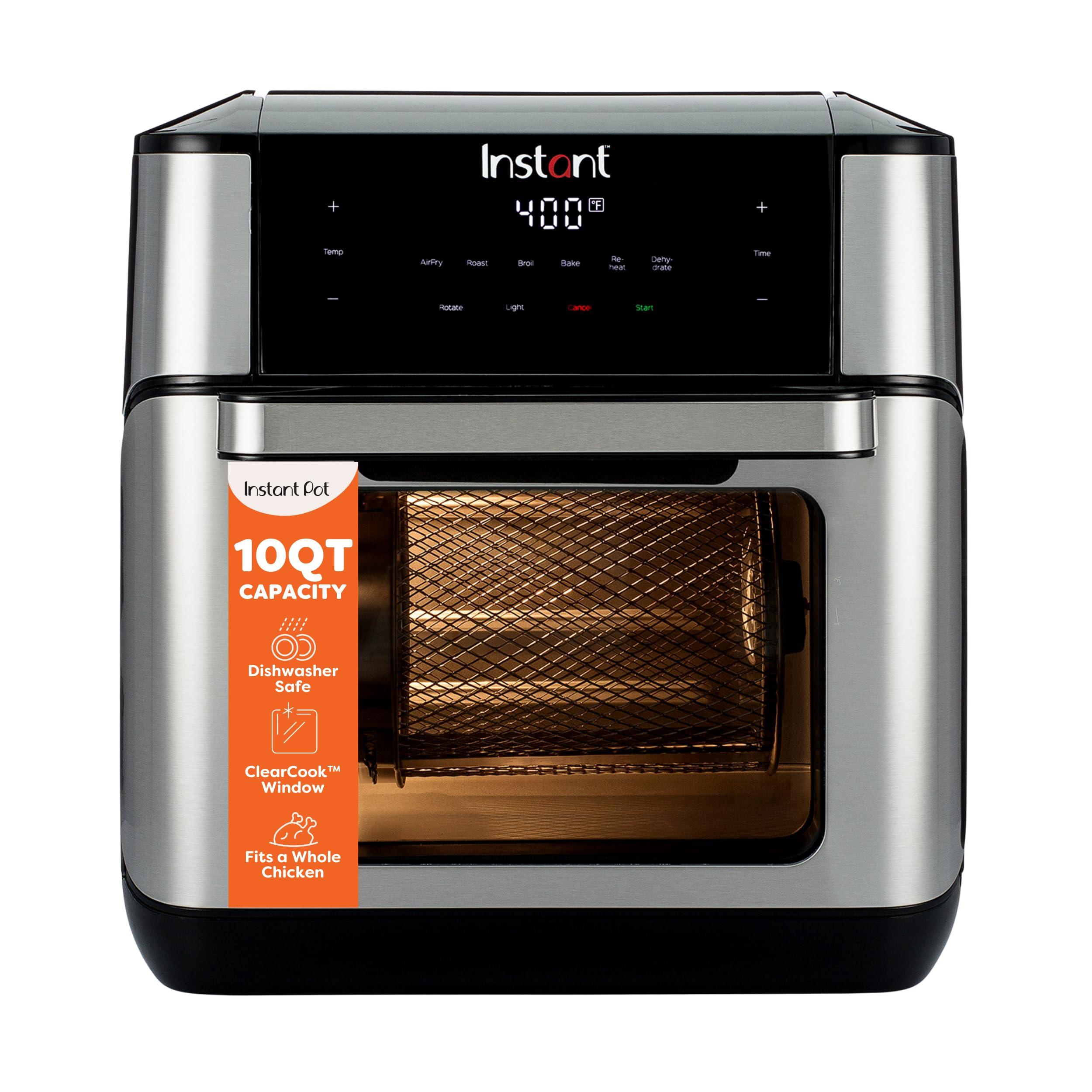 Instant Pot 10QT Air Fryer stainless steel with open door showing tray