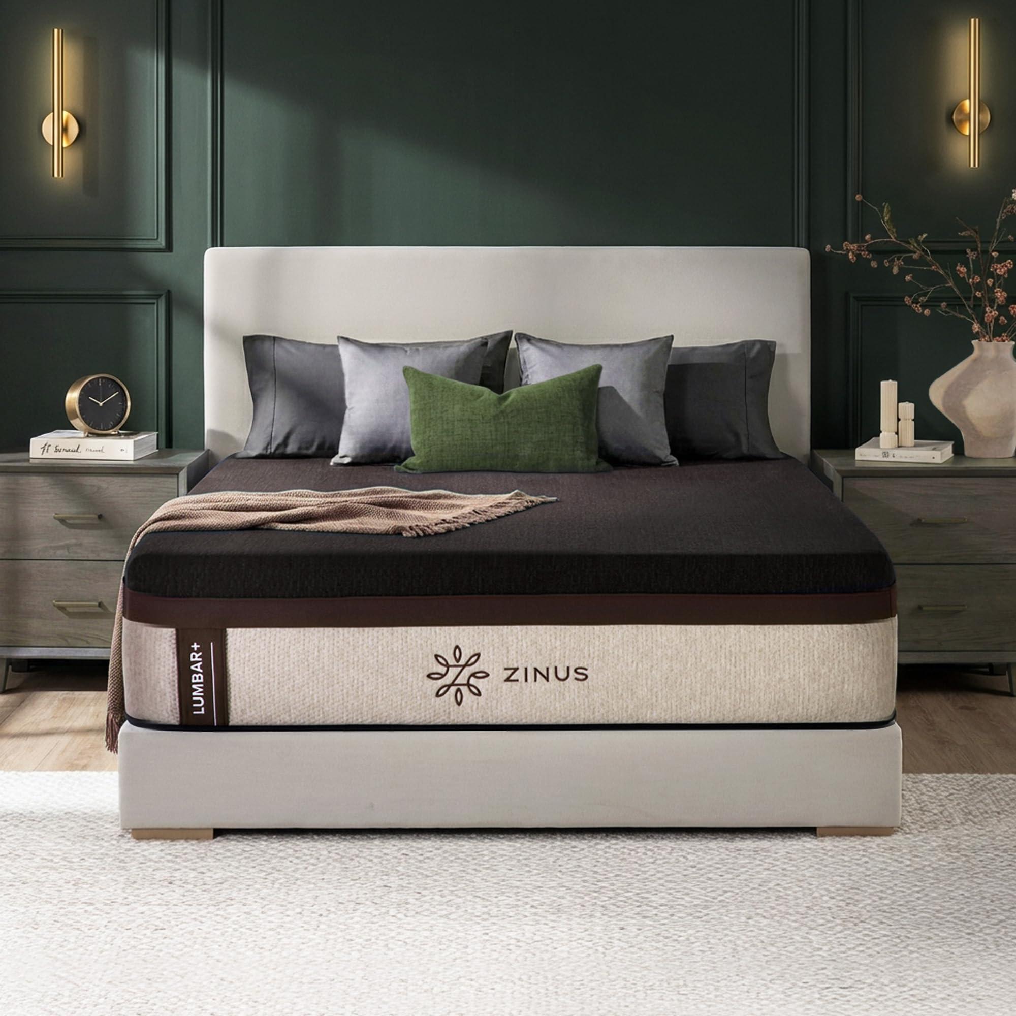 Zinus Lumbar+ 14 Inch Queen Memory Foam Mattress with lumbar support and cooling gel, white background