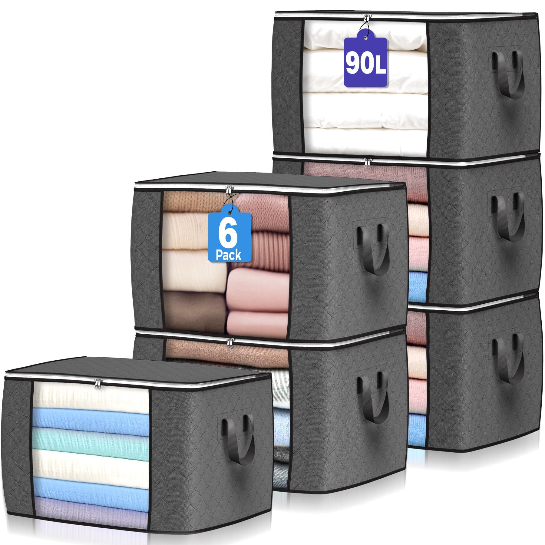 Six grey fabric storage bags with clear windows and handles, 90L capacity, by Budding Joy