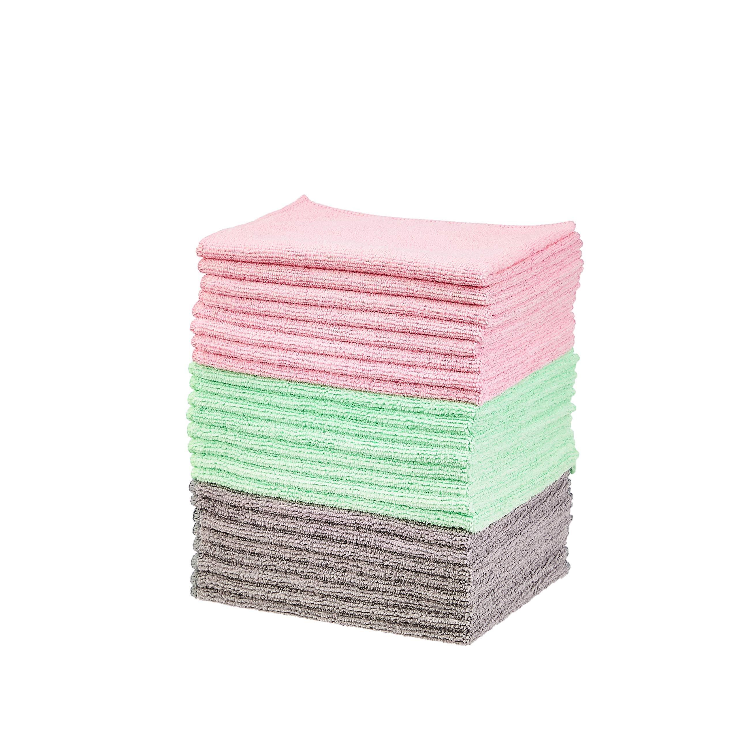 Stack of Amazon Basics Microfiber Cleaning Cloths in green, gray, and pink