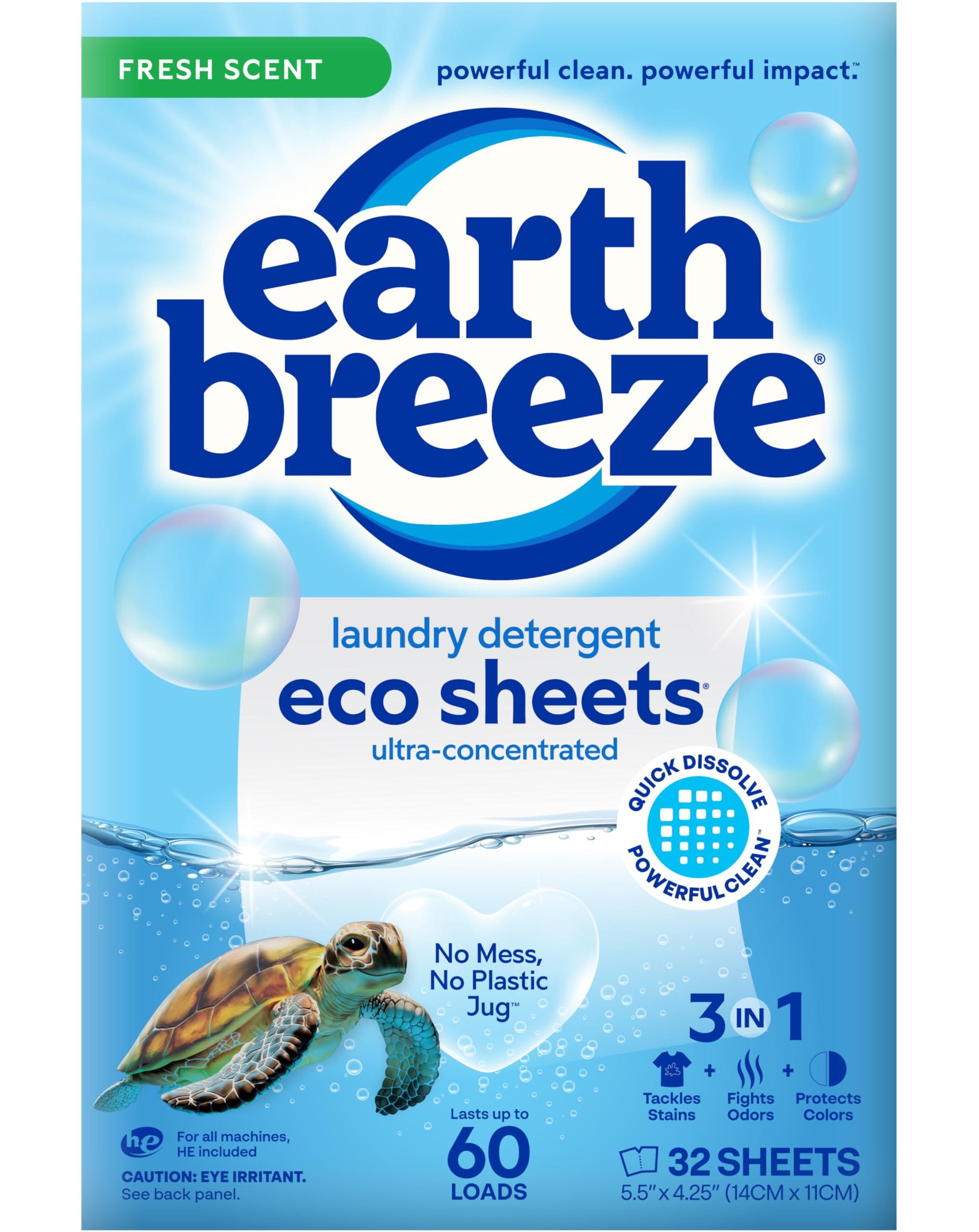 Earth Breeze laundry detergent sheets packaging, eco-friendly