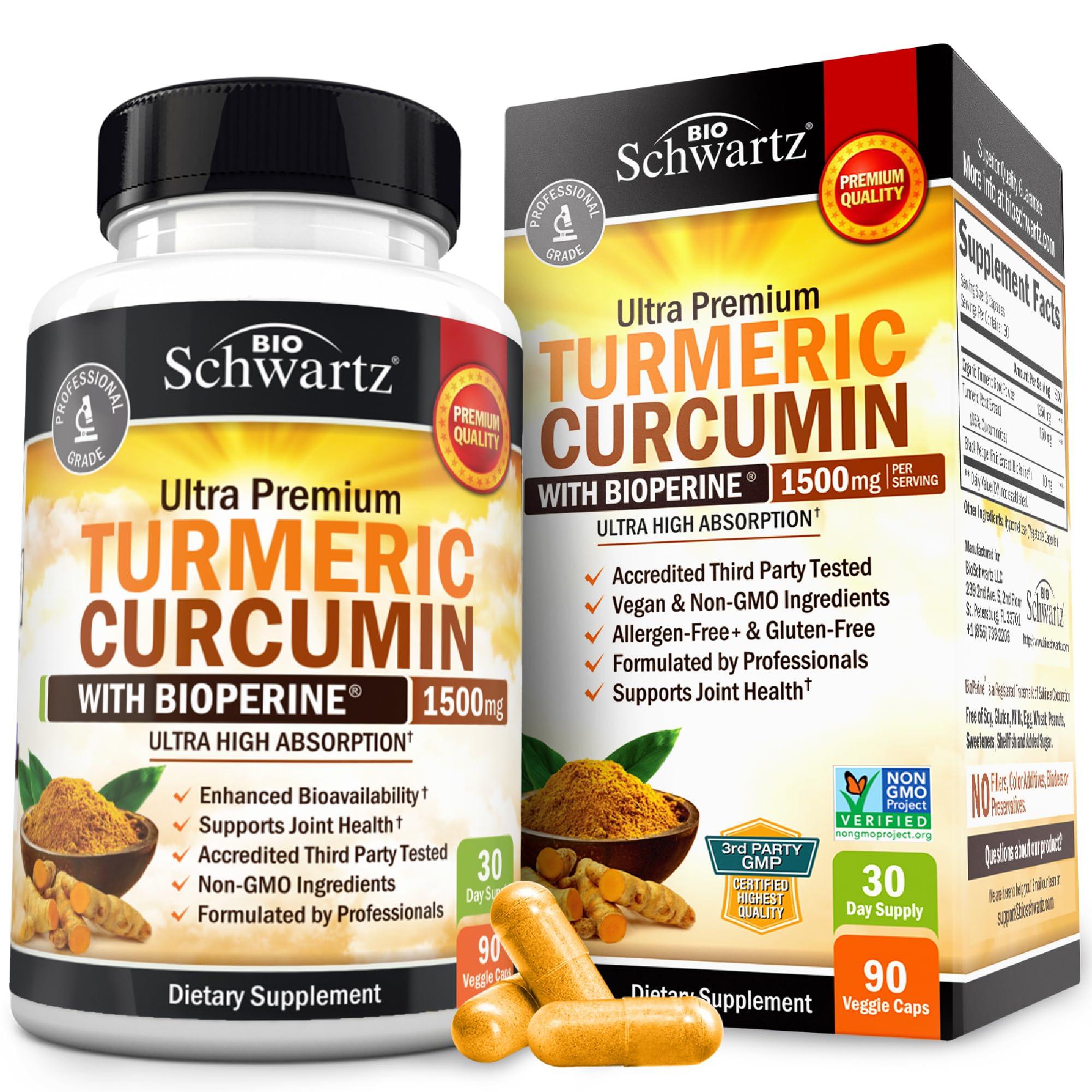 BioSchwartz Turmeric Curcumin capsules on white background
