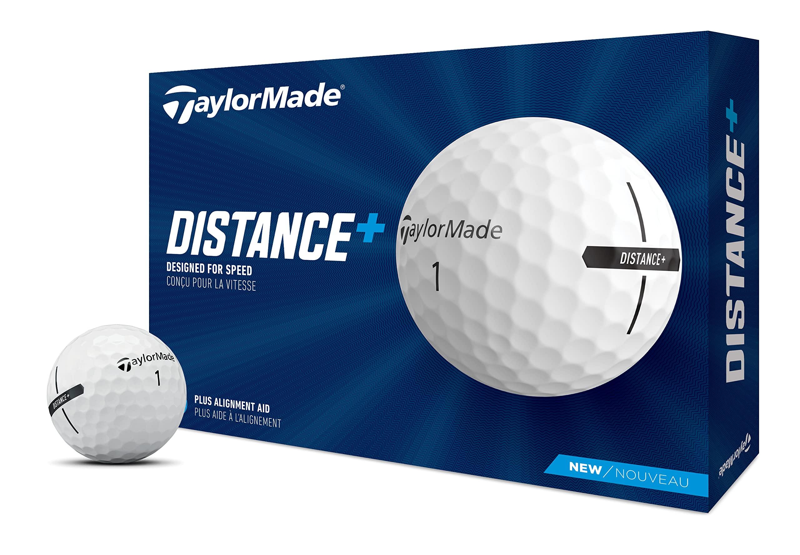 TaylorMade Distance+ golf balls in white, showing dimple pattern and alignment aid