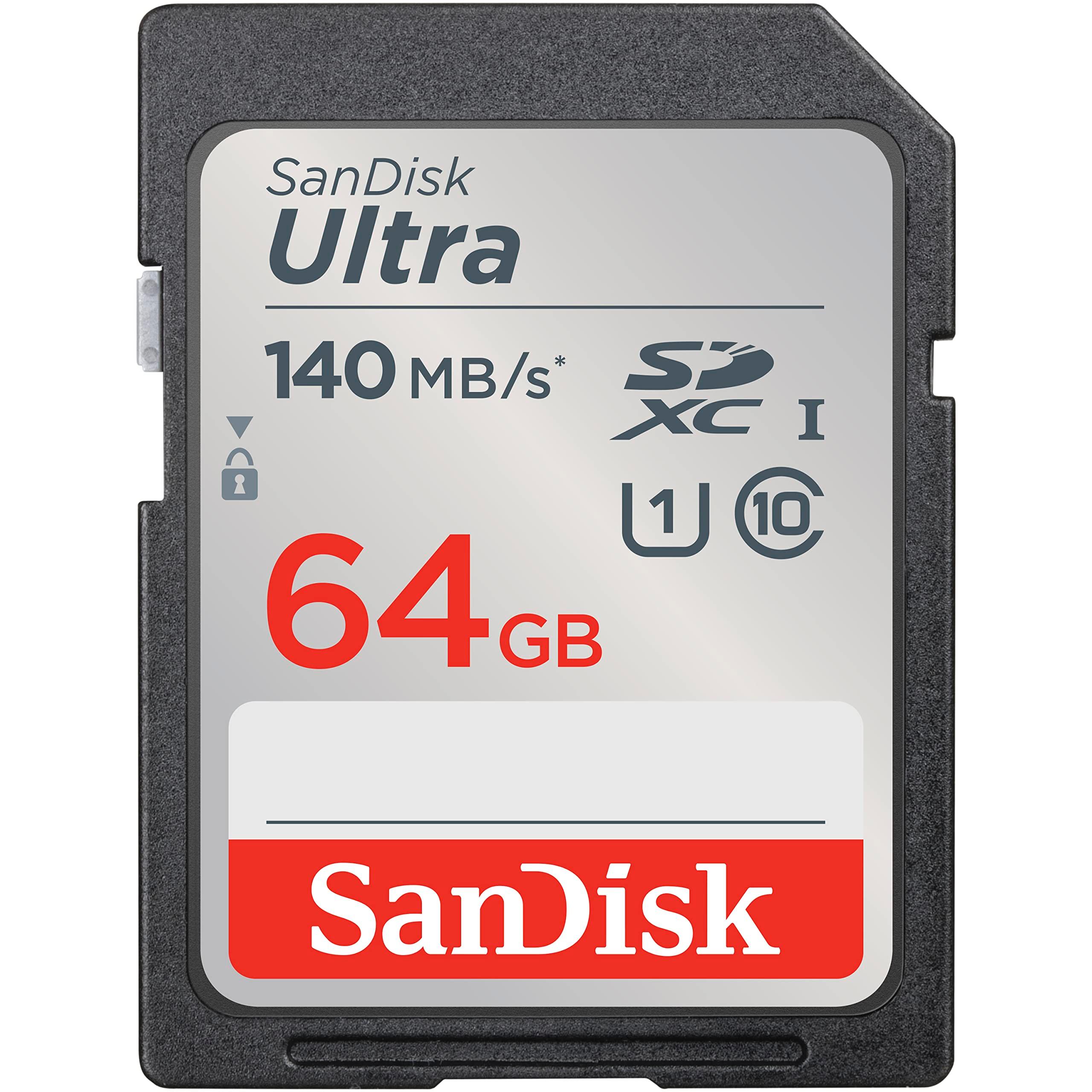 SanDisk 64GB Ultra SDXC UHS-I Memory Card in grey and multicolor, front view