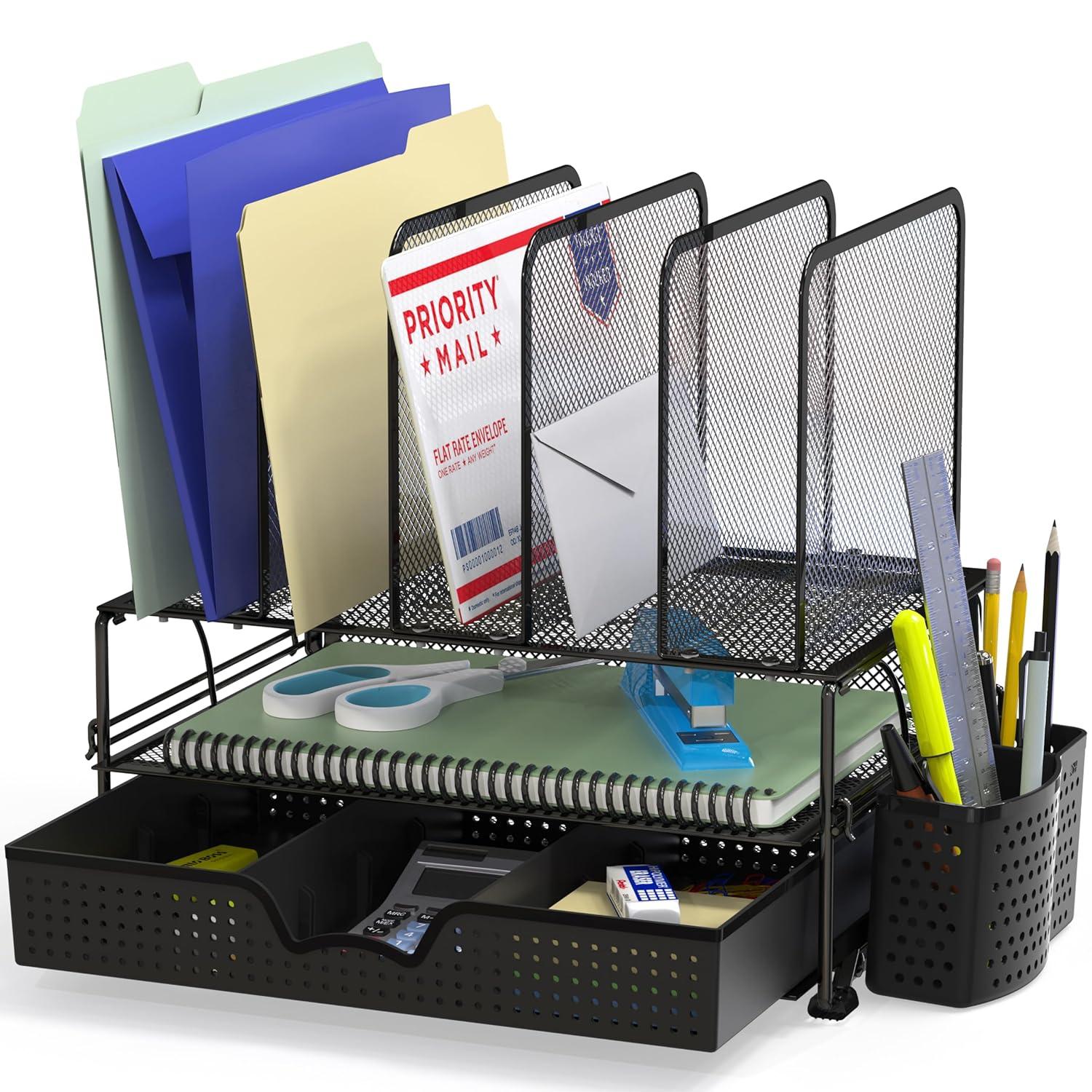 Simple Houseware Mesh Desk Organizer with sliding drawer, double tray and 5 upright sections in black on a desk