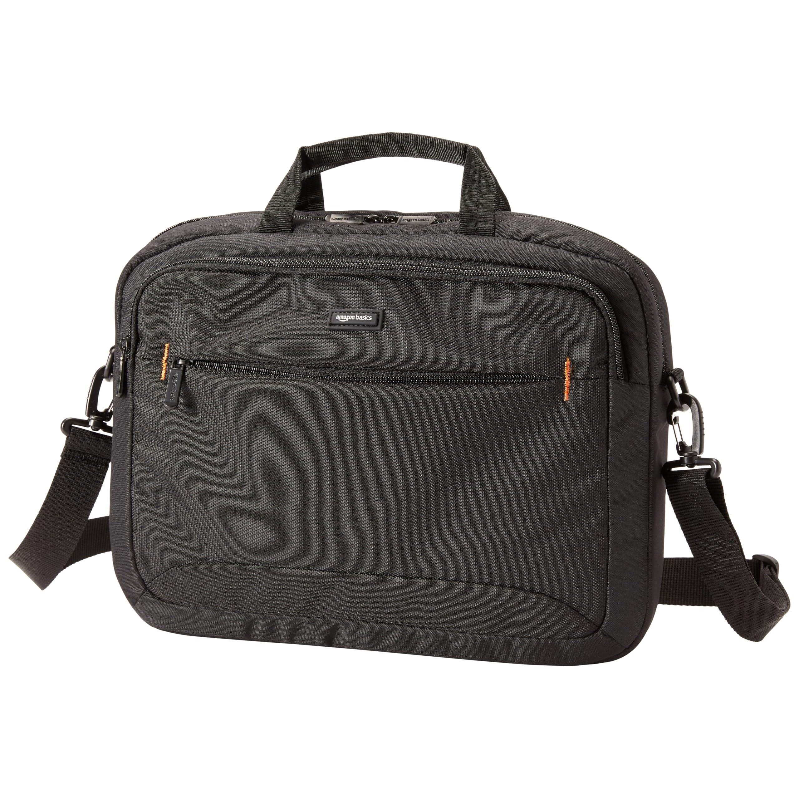 Amazon Basics 15.6-inch laptop bag featuring shoulder strap and handle
