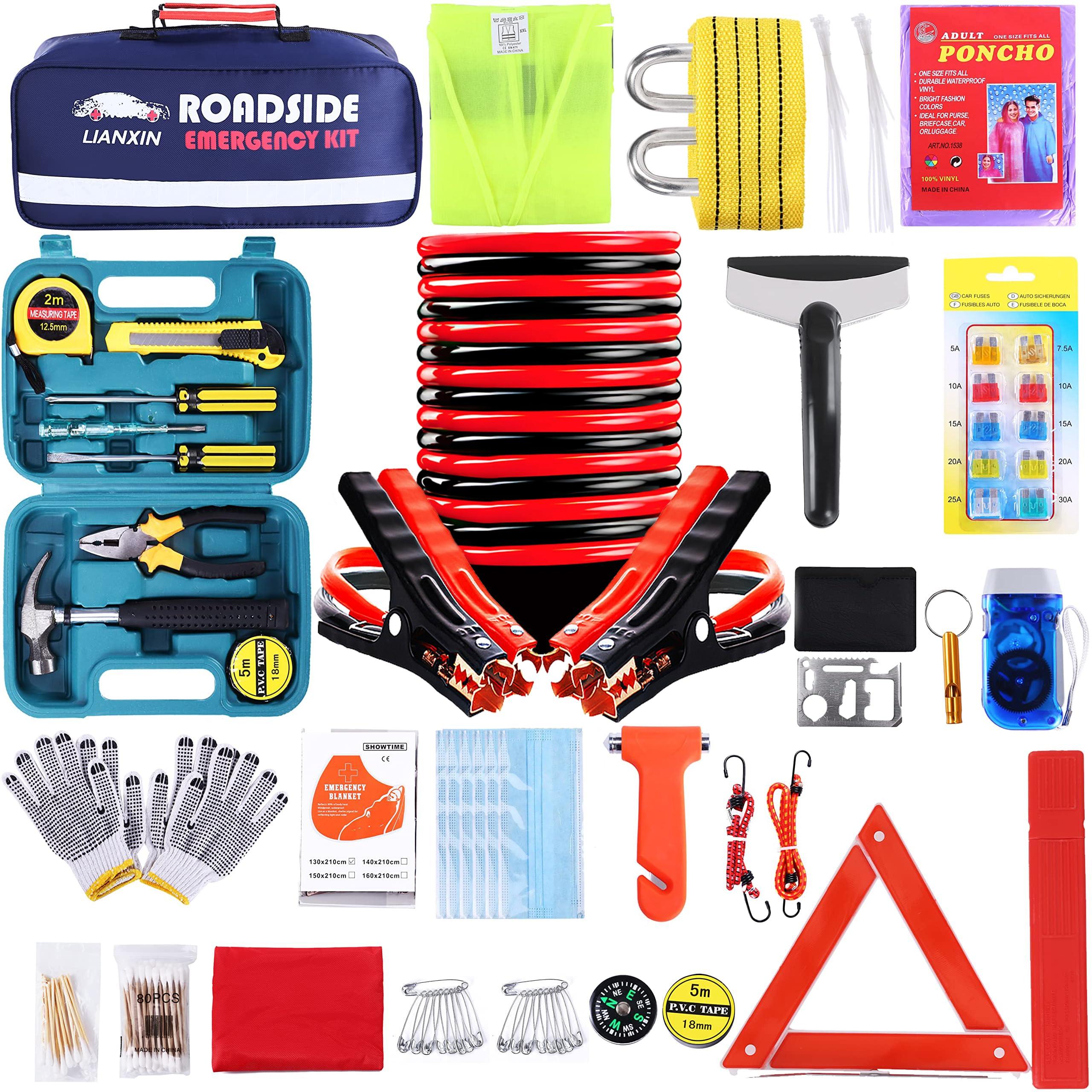LIANXIN 142-piece car emergency kit with jumper cables, tools, and case