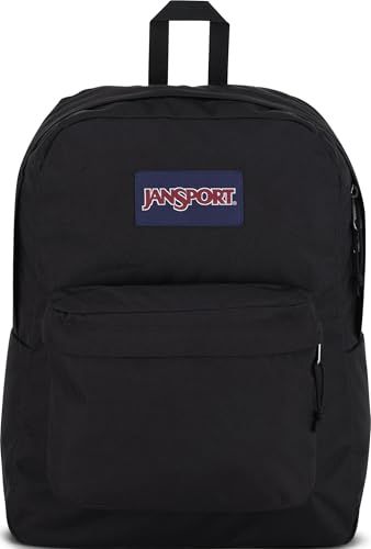 JanSport SuperBreak One backpack in black, front view showing main compartment and utility pocket | Mubboo