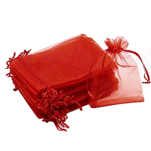 Bezall 100Pcs Small Organza Bags 3x4 Inch, Red Small Mesh Jewelry Bags Drawstring Gift Bag Wedding Party Favor Christmas Candy Treat Pouches