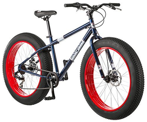 Mongoose Dolomite Fat Tire Mountain Bike with blue/red steel frame and 4-inch wide tires