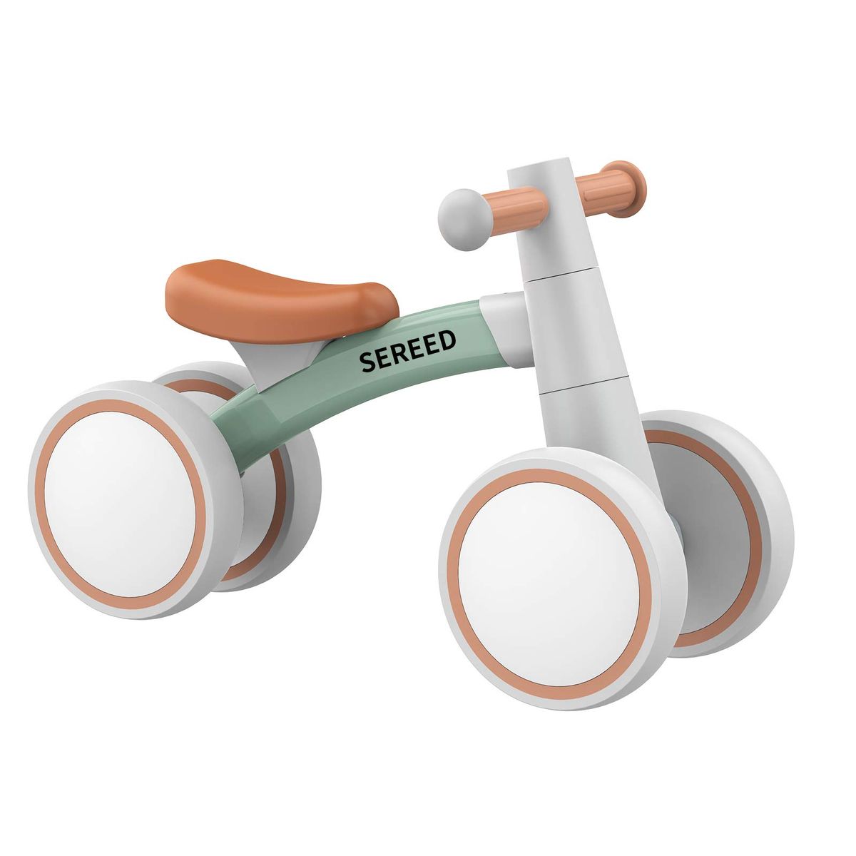 SEREED Baby Balance Bike in green with four wheels, for toddlers 1-2 years old.