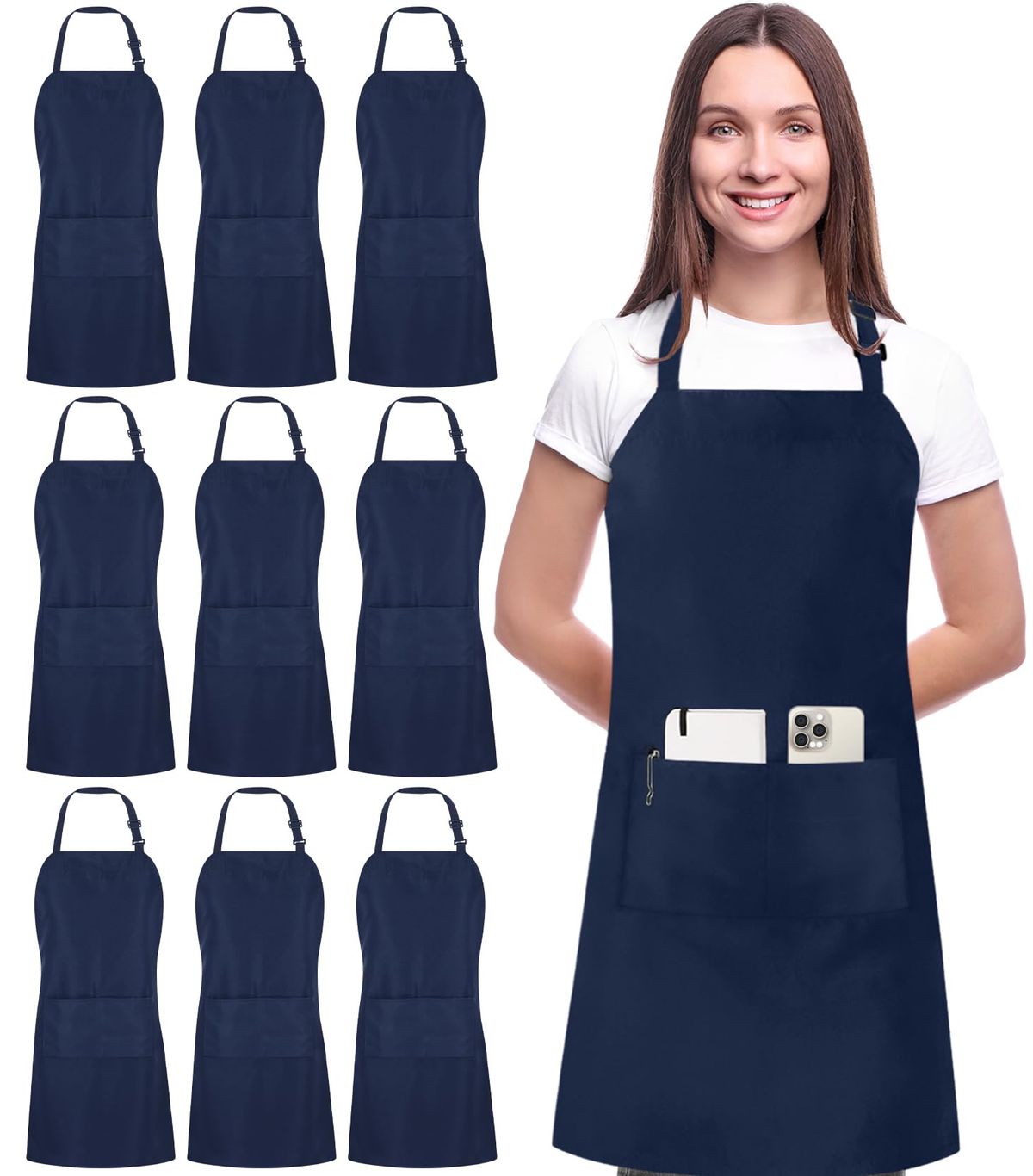 Utopia Kitchen 10 Pack Bib Apron in navy, unisex adjustable with 2 pockets
