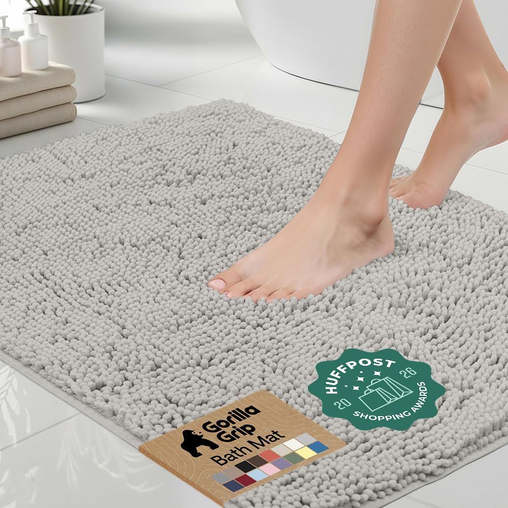 GORILLA GRIP chenille bath rug mat in light gray, showing textured surface and bound edge.