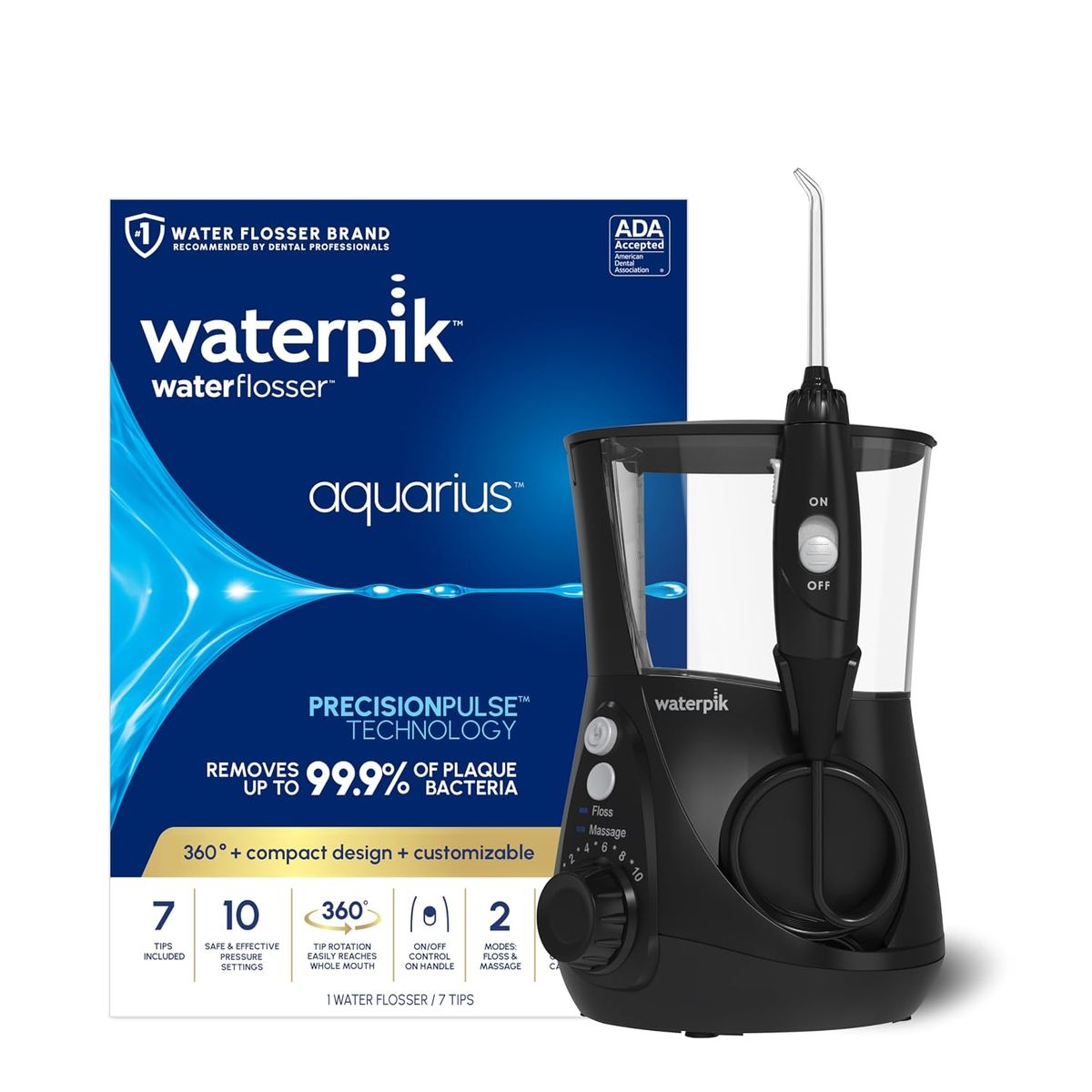 Waterpik Aquarius Water Flosser on a bathroom counter