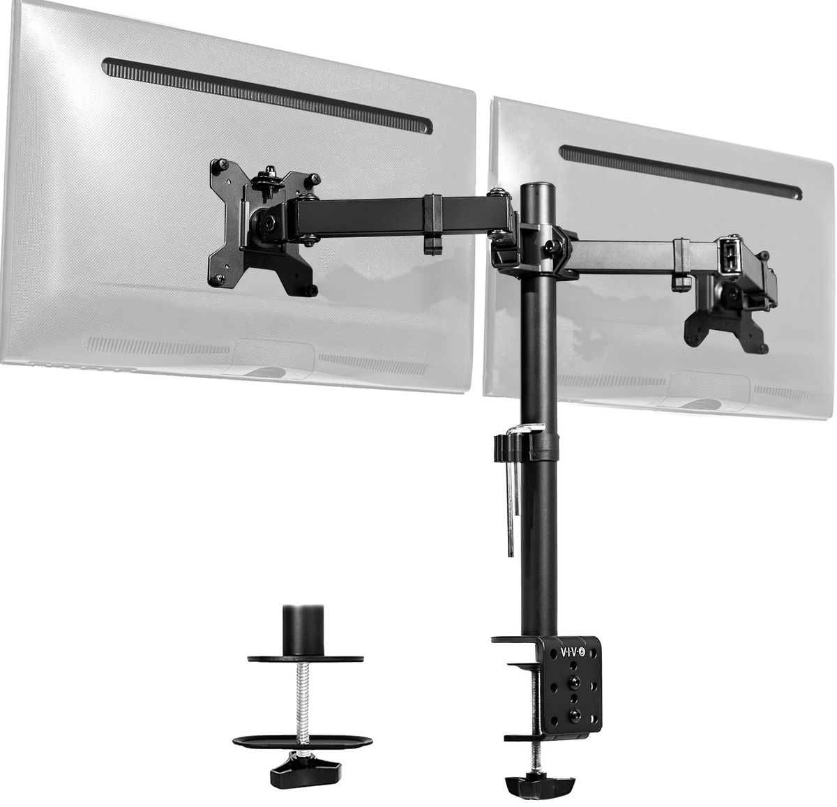 VIVO Dual Monitor Desk Mount holding two monitors on a clean desk